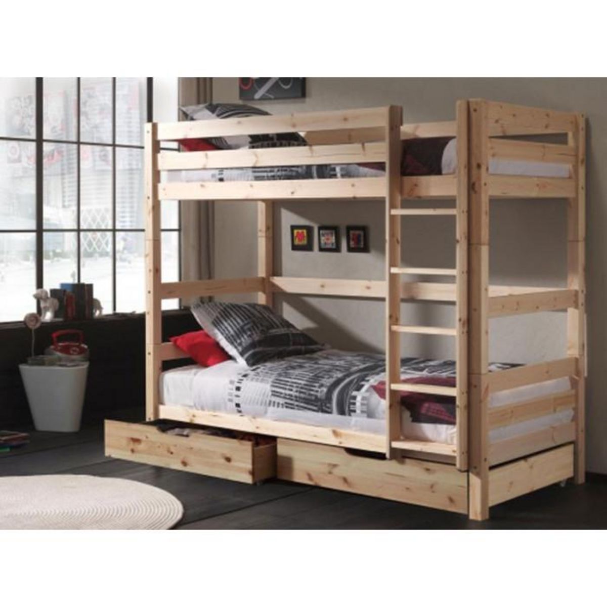 Paris Prix Lit Superposé Haut & 2 Tiroirs de Lit Enfant  Pino  90x200cm Naturel
