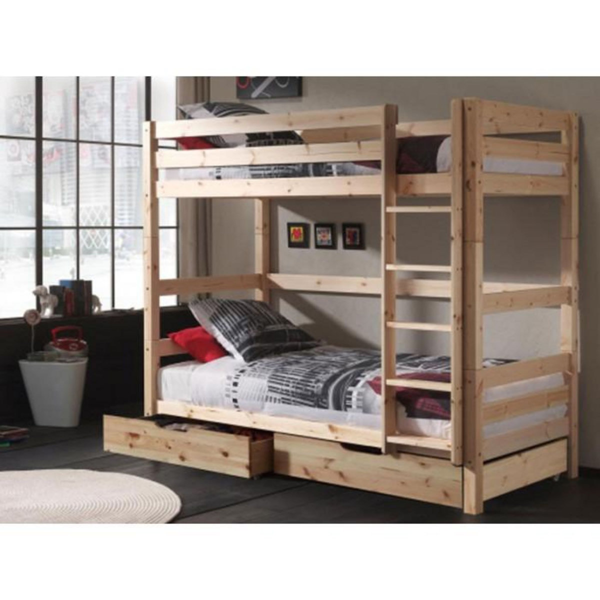 Paris Prix Lit Superposé Haut & 2 Tiroirs de Lit Enfant  Pino  90x200cm Naturel