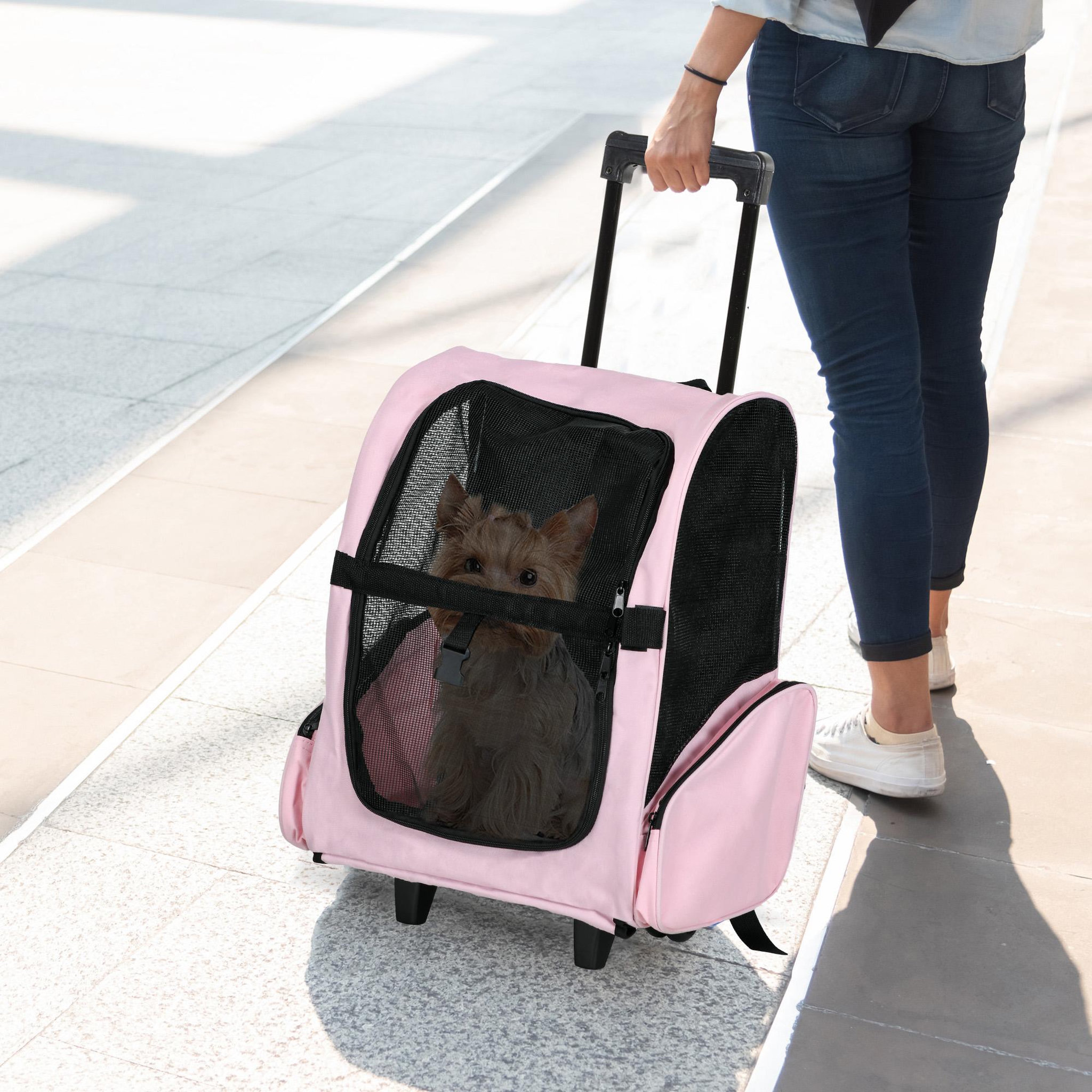 Voir la diapositive 2 : PAWHUT 2 en 1 trolley chariot sac a dos sac de transport a roulettes pour chien chat rose
