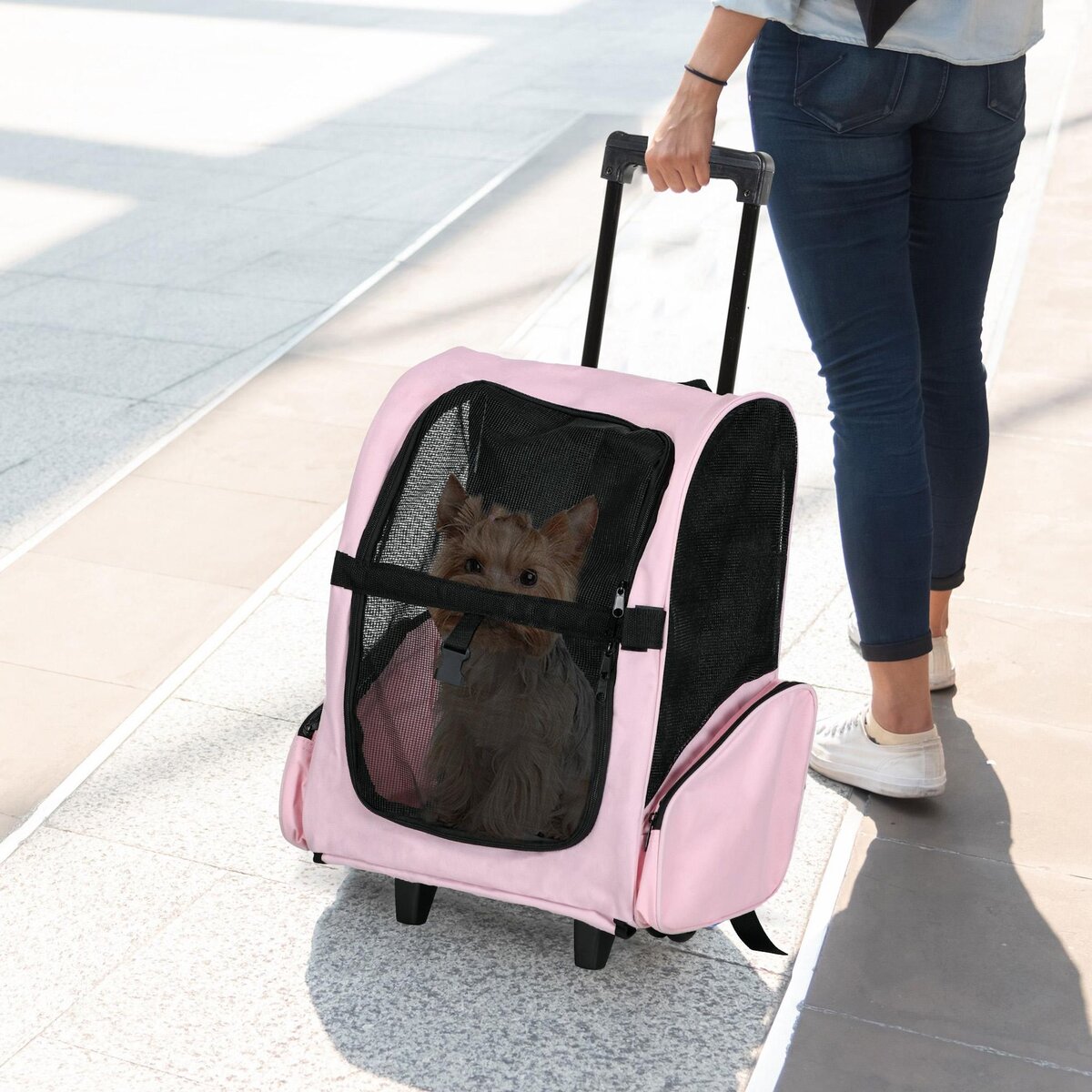 PAWHUT 2 en 1 trolley chariot sac a dos sac de transport a roulettes pour chien chat rose