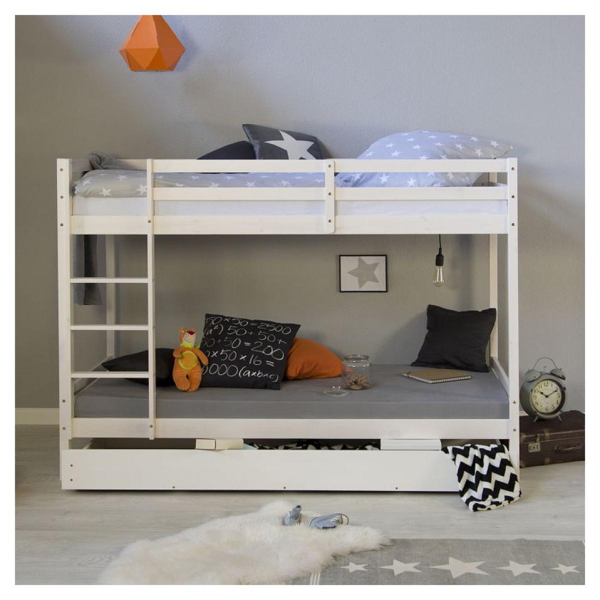 Voir la diapositive 4 : HomeStyle4U Lit blanc superposé avec matelas et tiroir 90x200