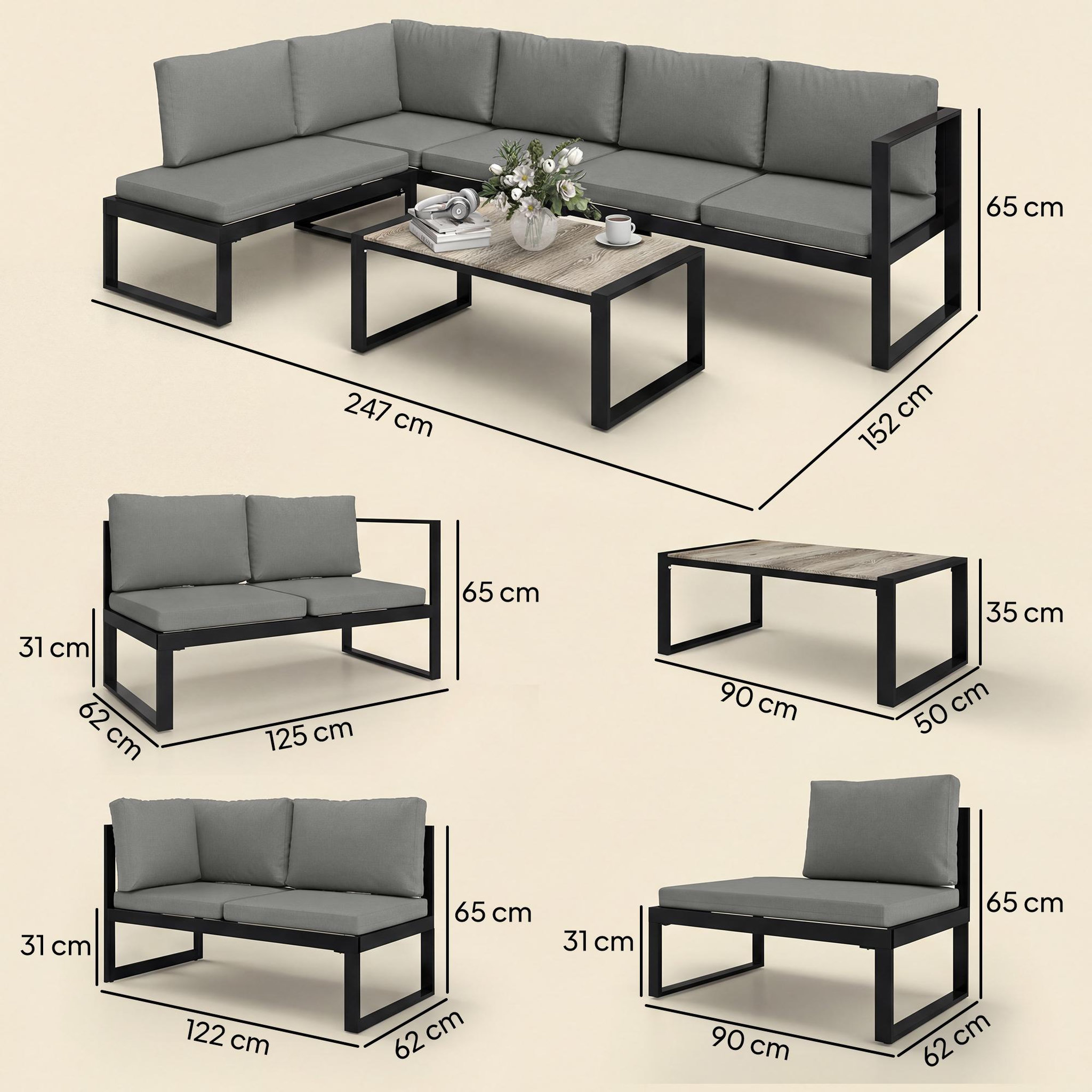Voir la diapositive 3 : OUTSUNNY Salon de jardin d'angle 5 personnes design table basse coussins gris inclus