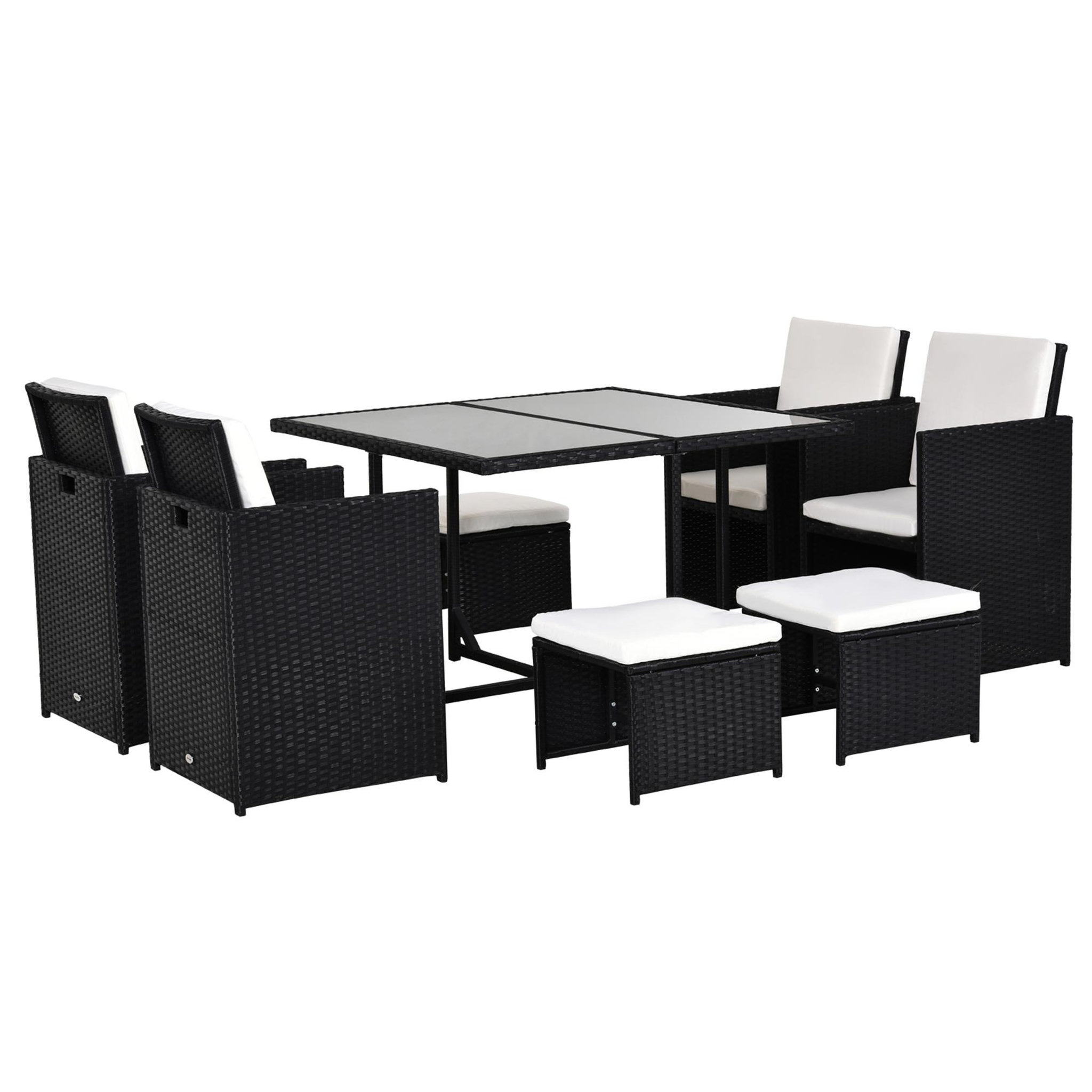 Voir la diapositive 1 : OUTSUNNY Ensemble salon de jardin encastrable 8 personnes 9 pièces résine tressée 4 fils imitation rotin noir coussins déhoussables crème