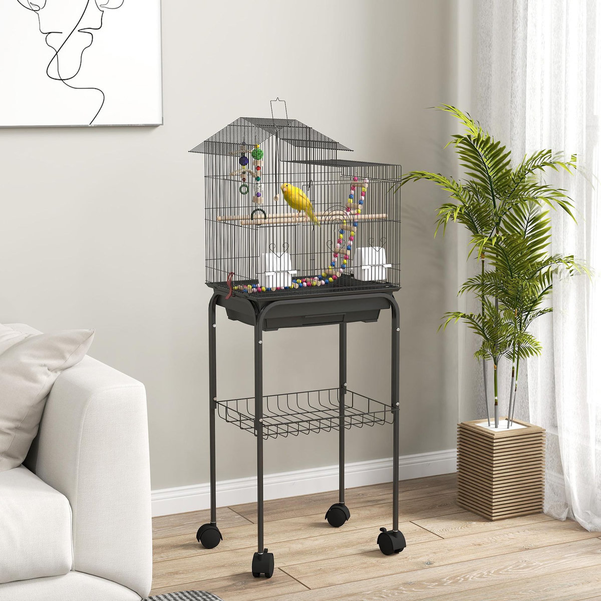 PAWHUT Cage à oiseaux 46 x 36 x 120 cm étagère 2 mangeoires 2 perchoirs balançoire échelle jouet noir