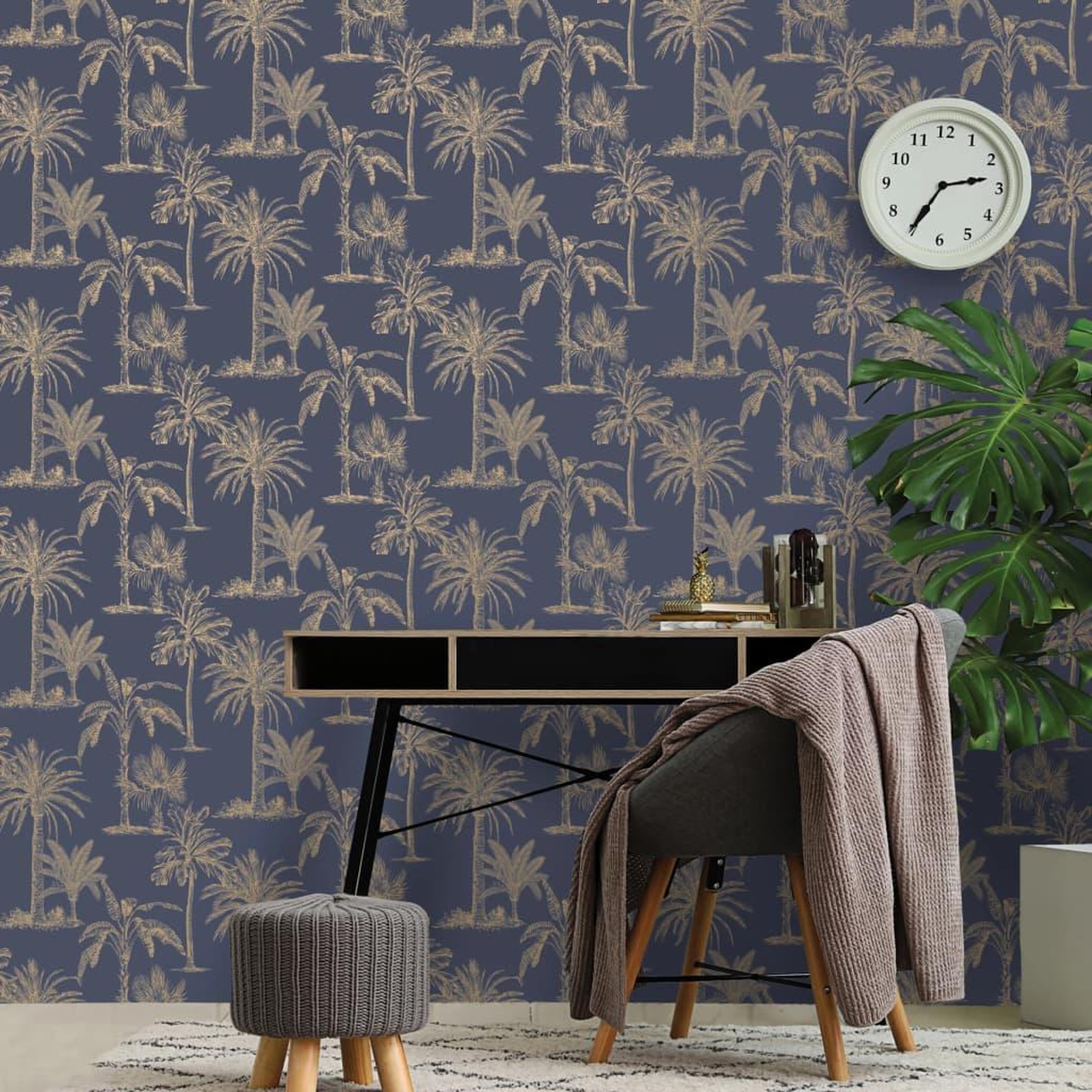 Voir la diapositive 1 : DUTCH WALLCOVERINGS DUTCH WALLCOVERINGS Papier peint Arbres tropicaux Bleu et argente