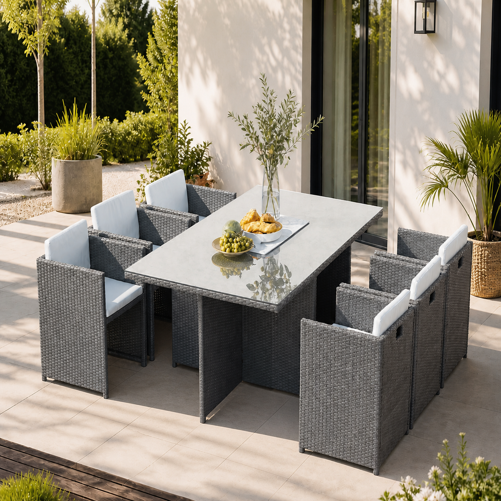 Voir la diapositive 2 : CONCEPT USINE Table et chaises 6 places encastrables en résine gris-blanc miami