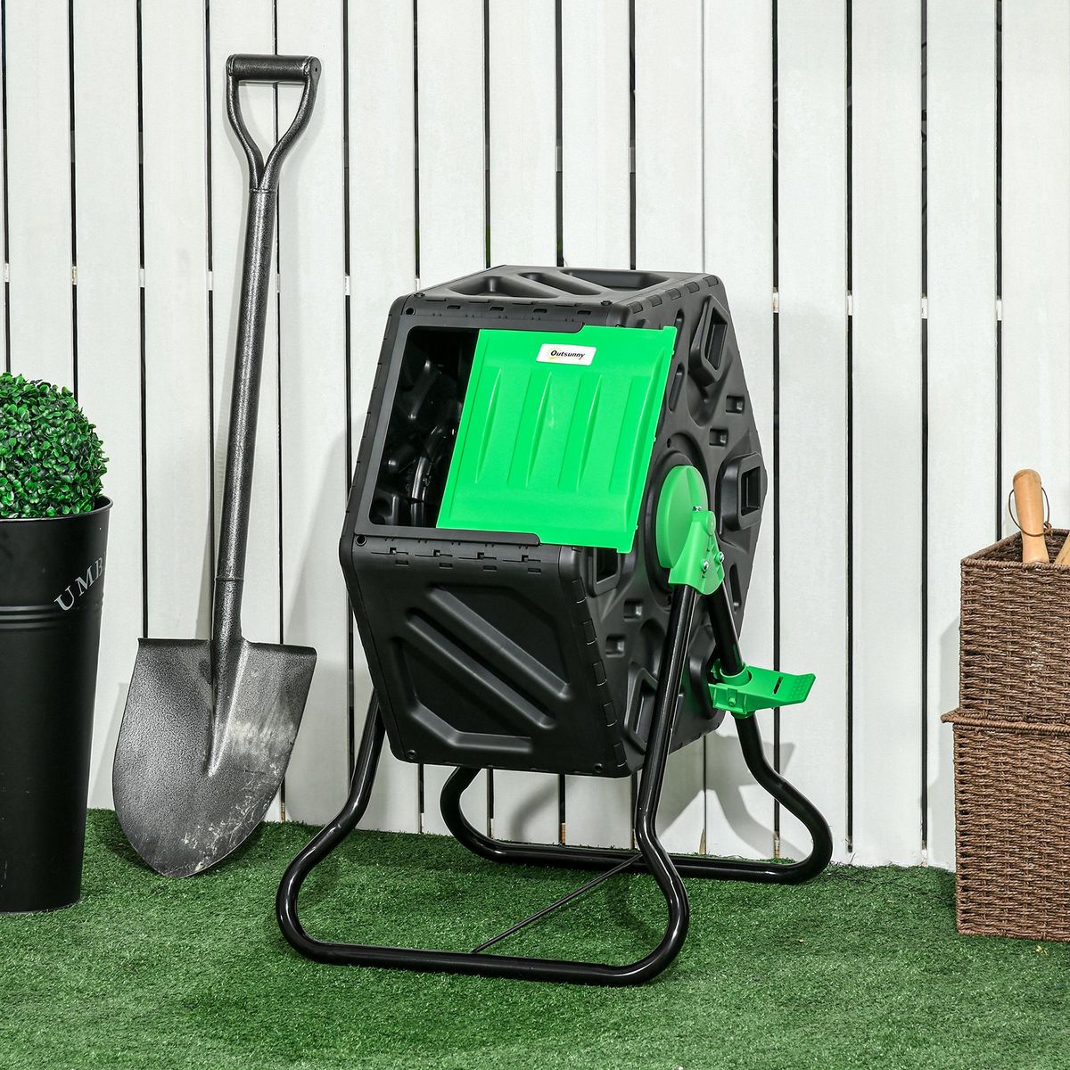 OUTSUNNY Composteur de jardin 65L - bac à compost pour déchets - rotatif 360° - acier PP noir vert