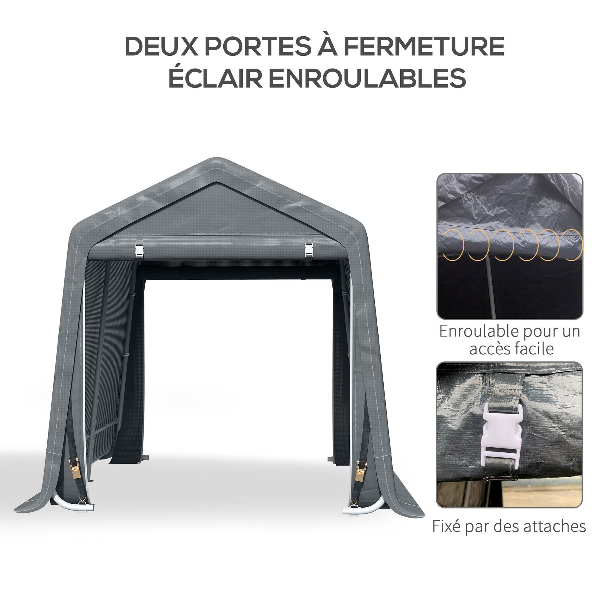 Voir la diapositive 5 : OUTSUNNY Abri de jardin - tente de stockage - abri de vélo - 2 portes zippées - dim. 280L x 240l x 240H cm - métal PE gris