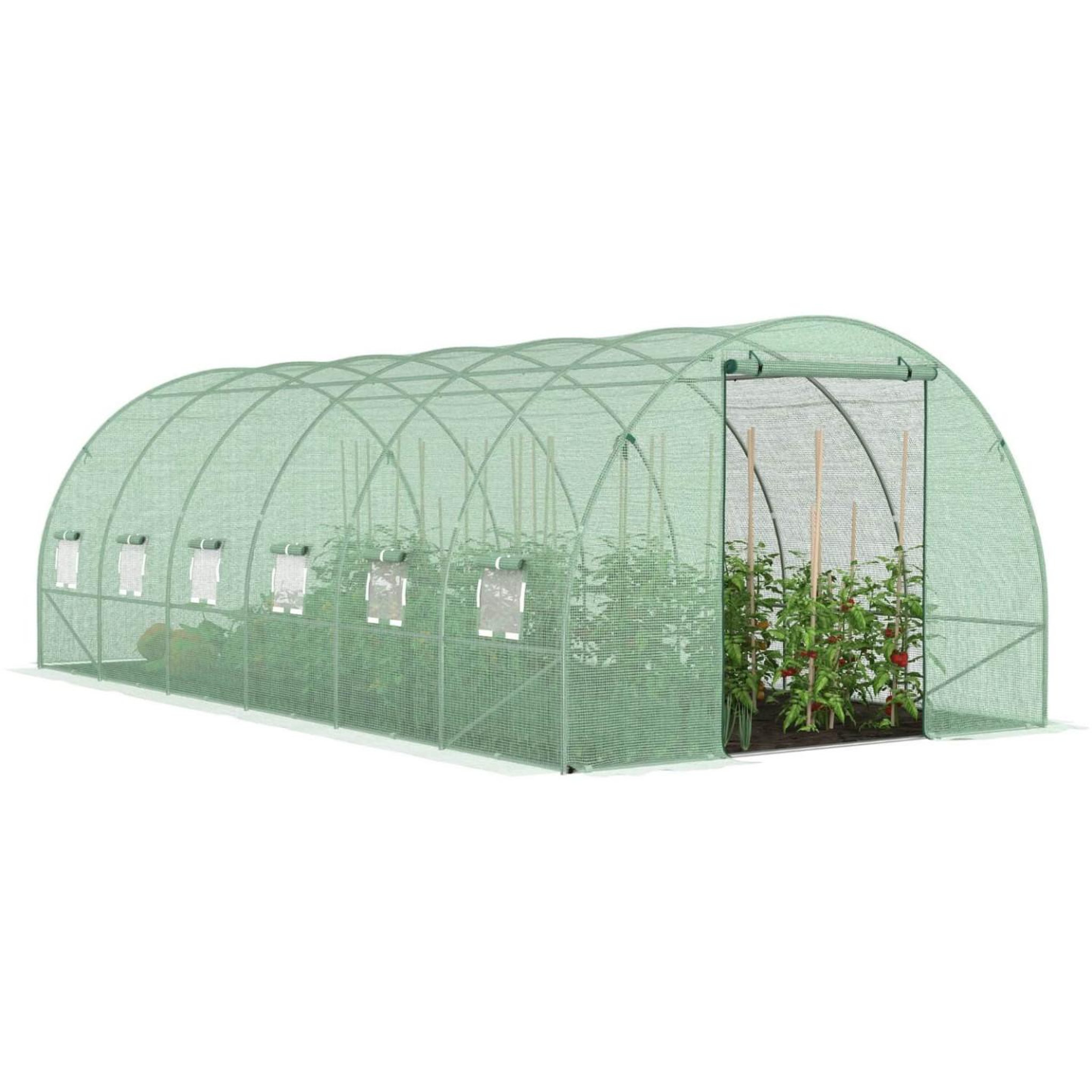 ID MARKET Serre de jardin tunnel 18m² 6 x 3 x 2 m acier galvanisé + bâche anti-uv avec porte et fenêtres crimée verte
