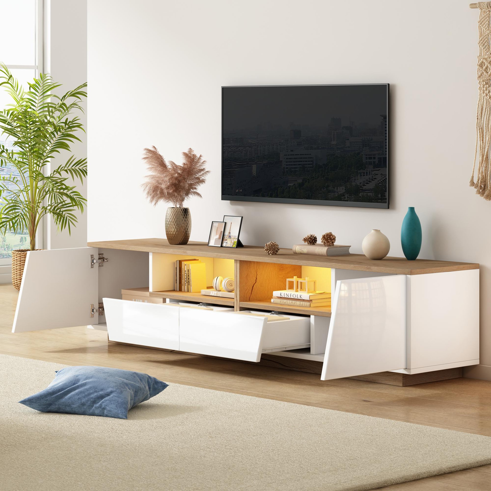 Voir la diapositive 5 : MERAX Meuble tv blanc+naturel 180 cm led panneau de particules