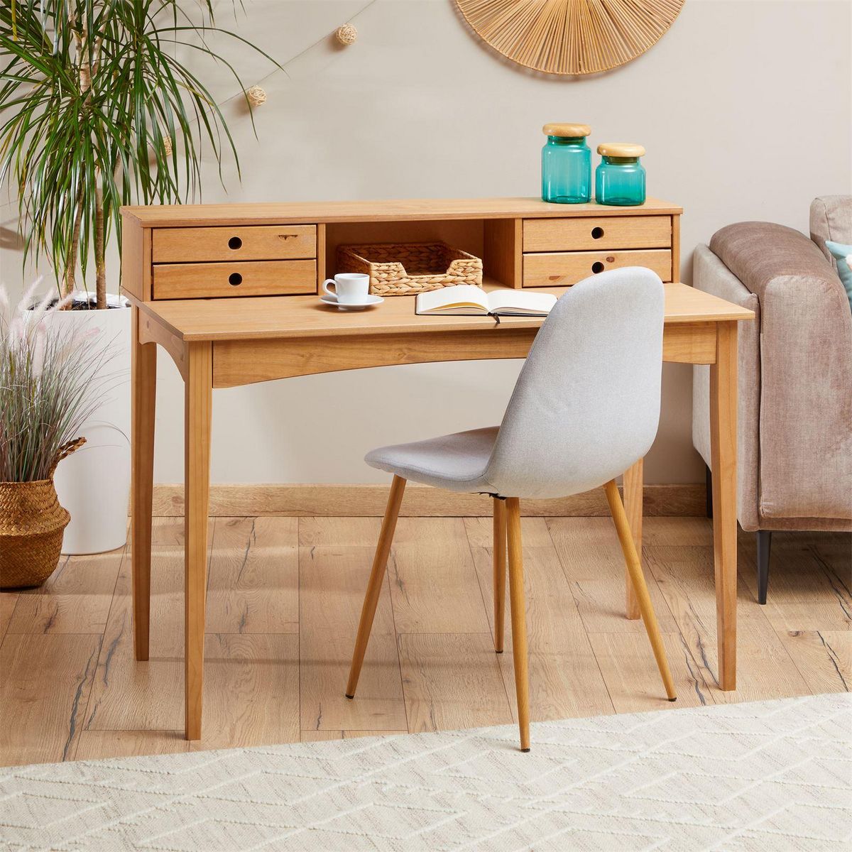 IDIMEX Bureau MILANO en pin massif avec 4 tiroirs et 1 niche