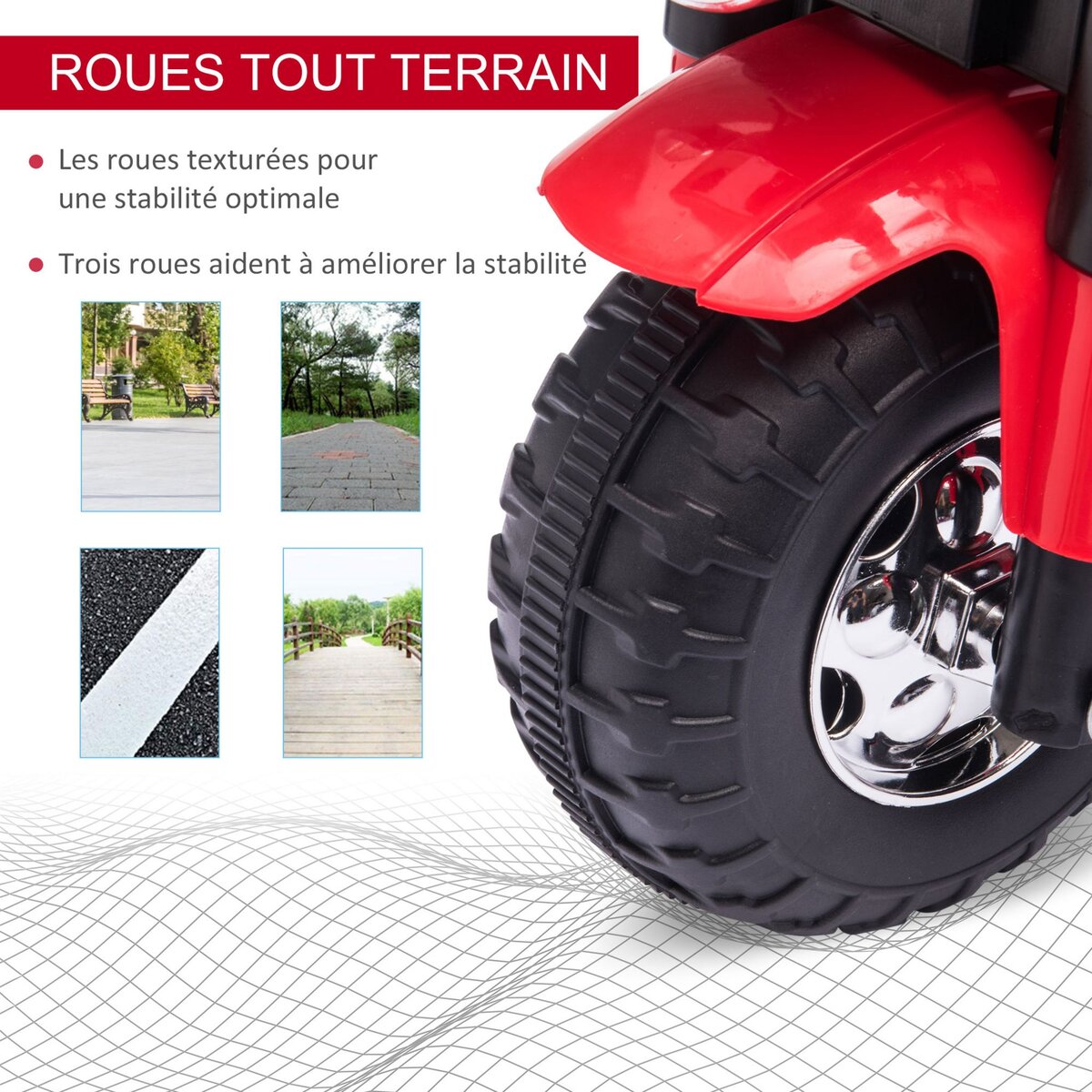 HOMCOM Moto électrique enfant chopper tout-terrain  6 V 20 W marche AV AR 3 roues effets lumineux et sonores rouge noir