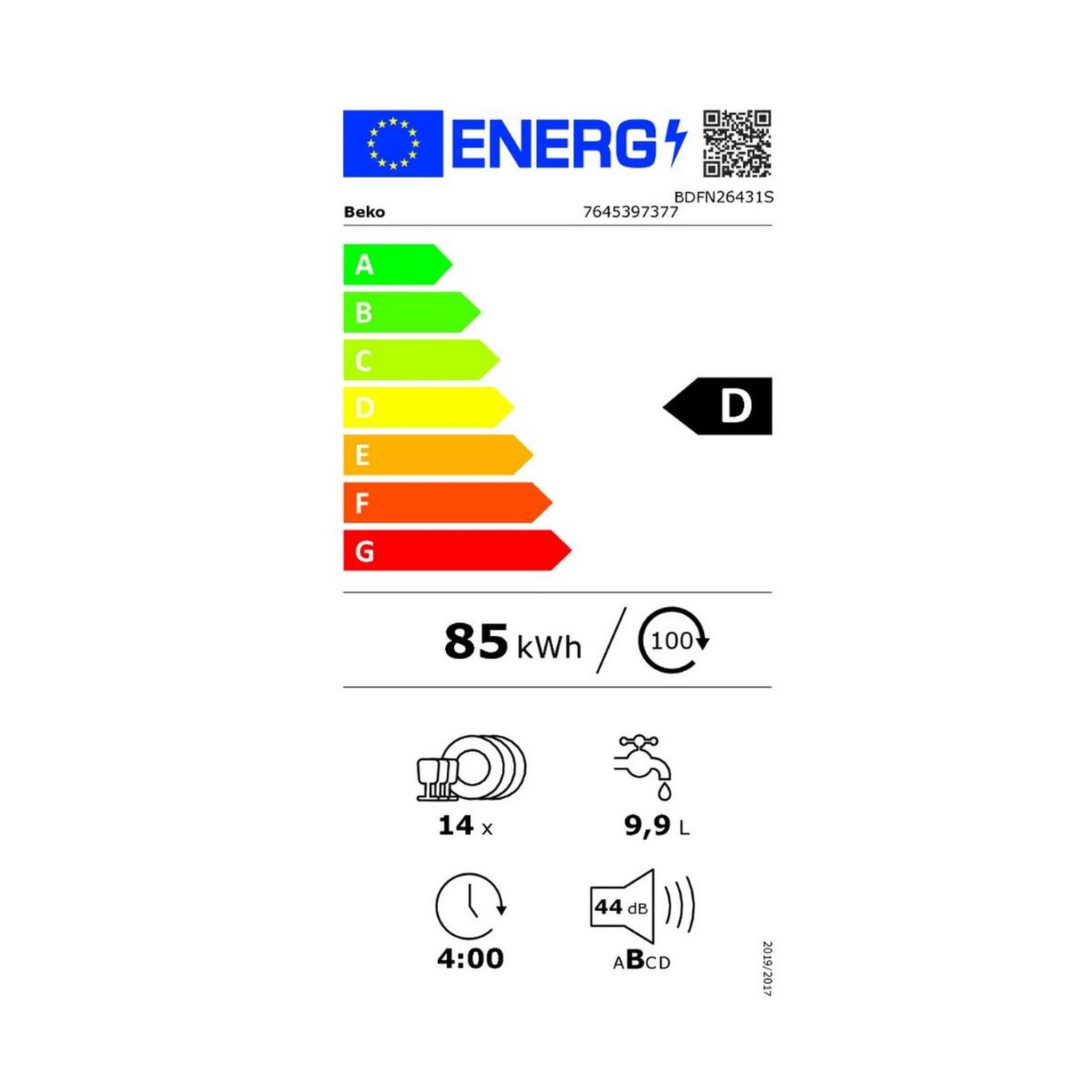 Voir la diapositive 2 : Beko Lave-vaisselle 60cm 14 couverts 44db - bdfn26431s