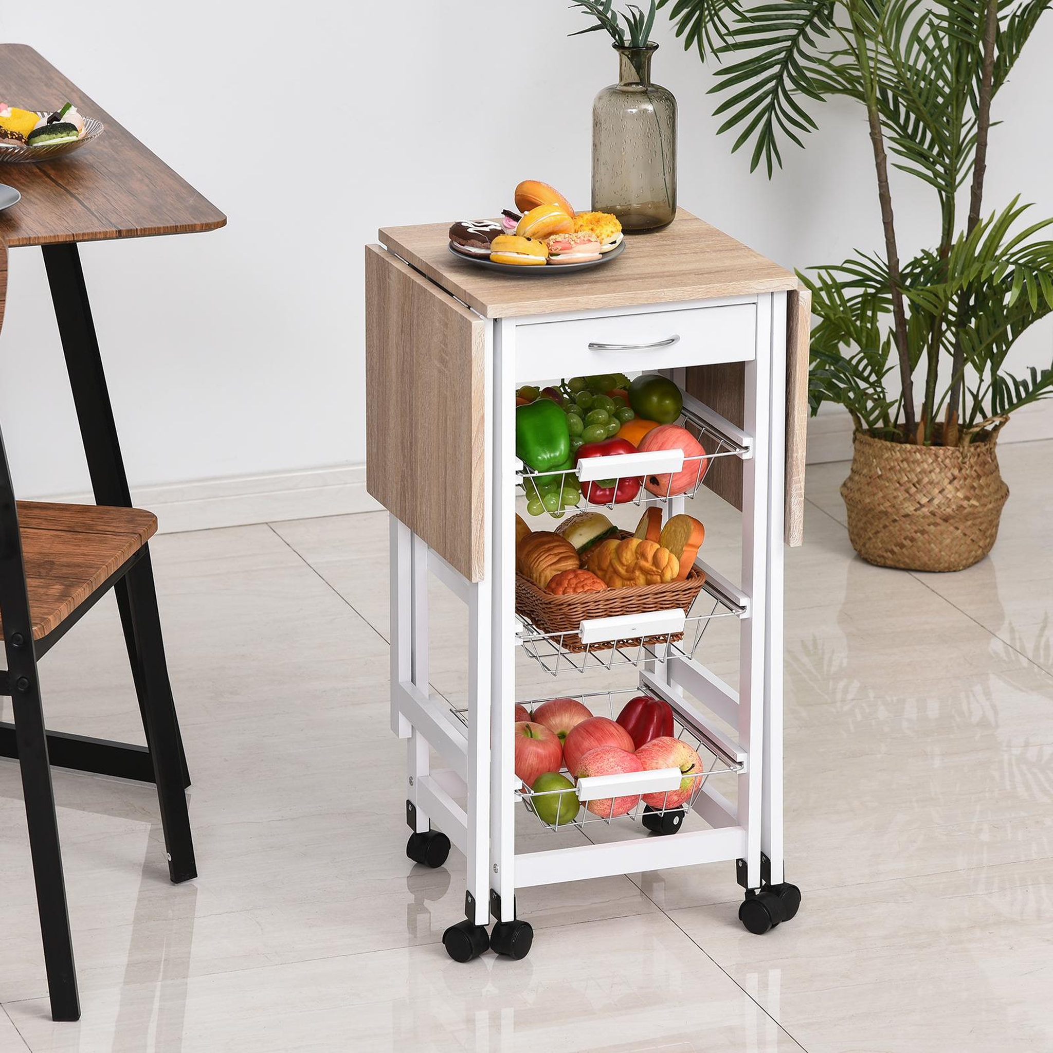 Voir la diapositive 4 : HOMCOM Chariot de service desserte de cuisine à roulettes multi-rangements 3 paniers métal + tiroir + rallonges mdf blanc chêne clair