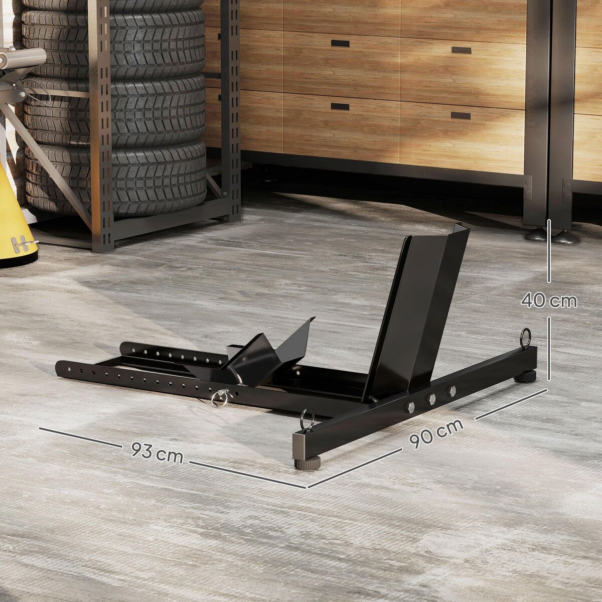 HOMCOM Bloque roue de moto pour pneu avant, cale roue moto en acier, support de verrouillage réglable sur 14 niveaux, pour Ø 34-84 cm, capacité 816,5 kg, noir