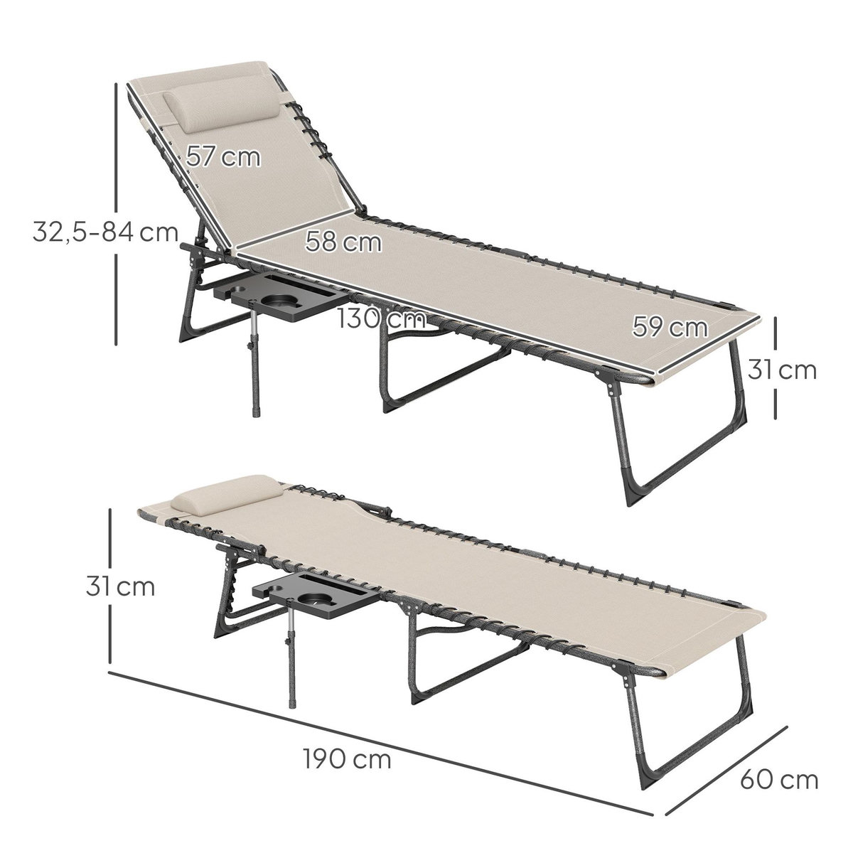 OUTSUNNY Bain de soleil transat pliable inclinable avec poignée, plateau et pochette rangement acier oxford crème