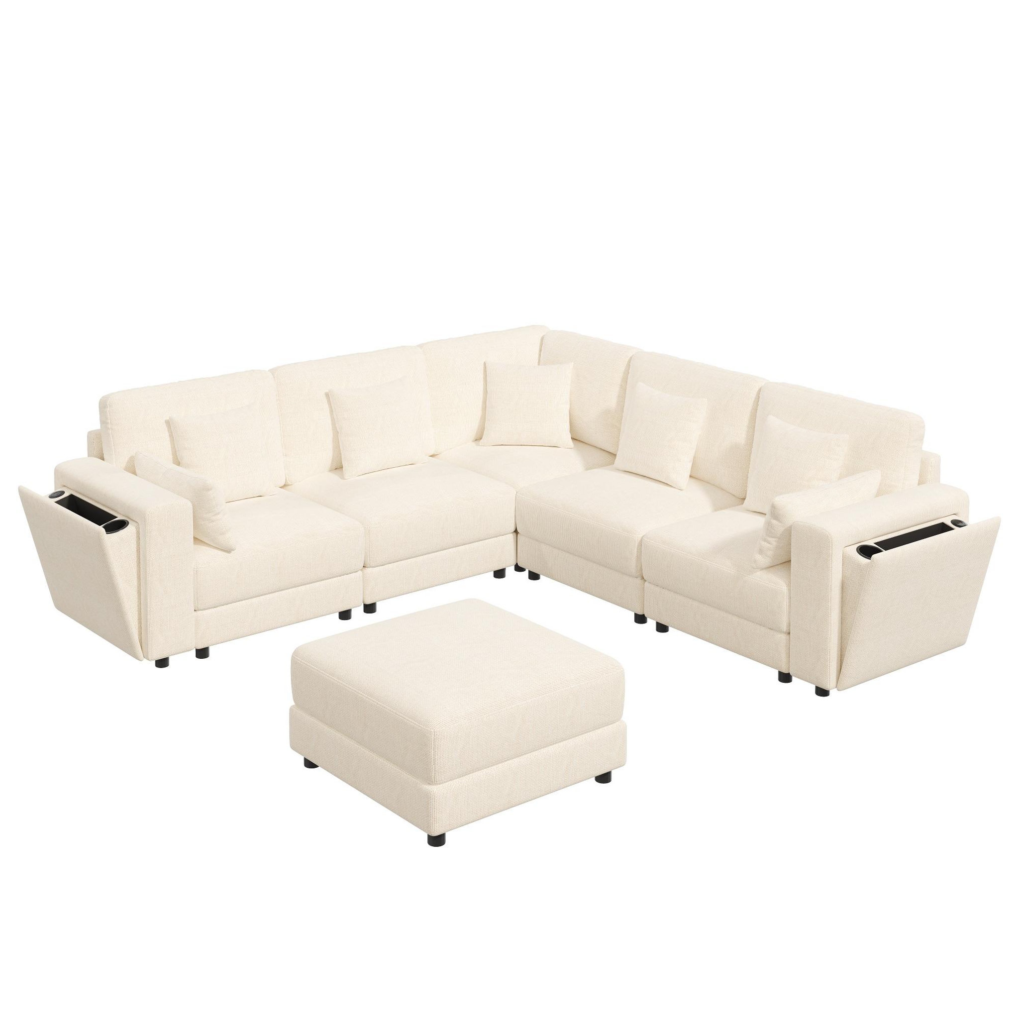 MERAX Canapé d'angle modulable 6 places l/u chenille avec usb rangement porte-gobelet. Coloris disponibles : Beige, Gris