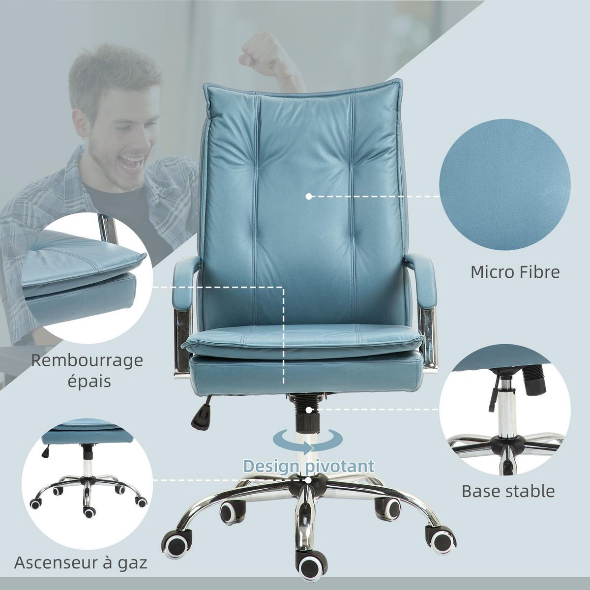 HOMCOM Chaise de bureau manager ergonomique design contemporain métal chromé tissu technique bleu