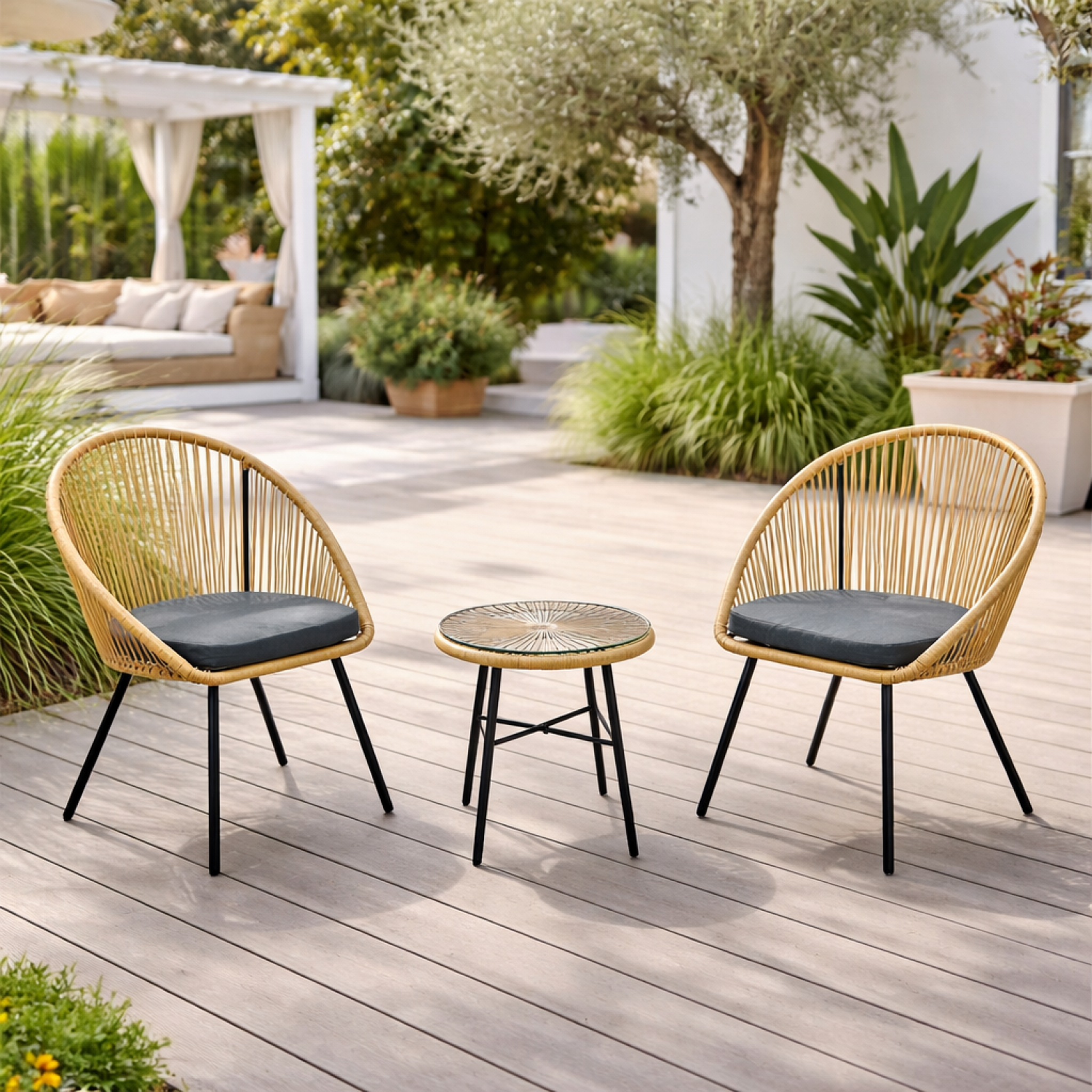 CONCEPT USINE Salon de balcon 2 fauteuils et 1 table coussins gris IPANEMA