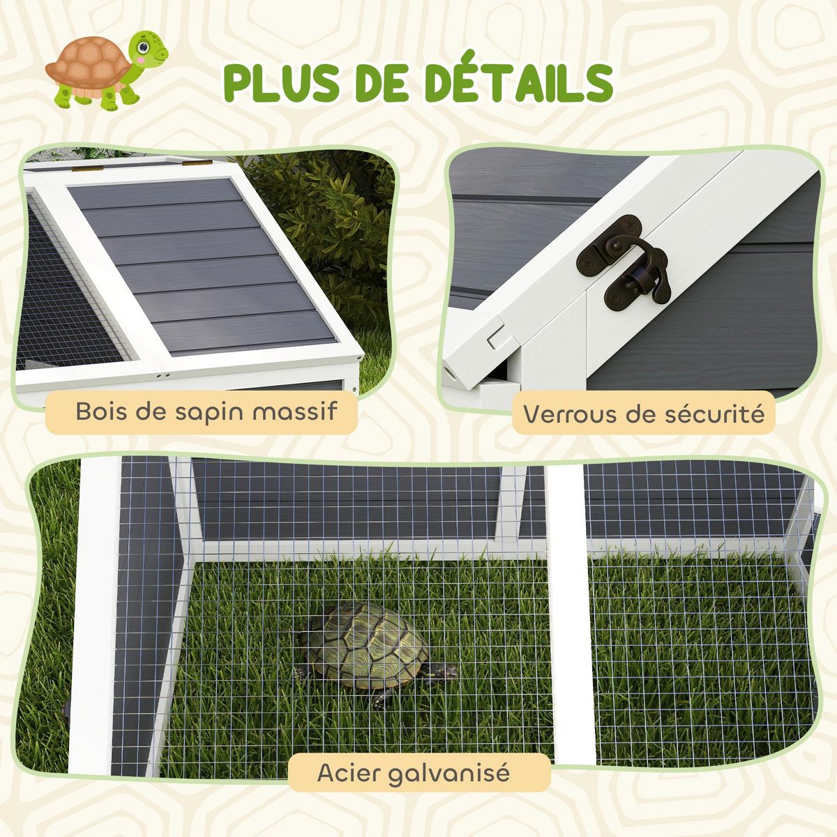 PAWHUT Maison enclos pour tortues - espace niche et enclos - porte haute verrouillable - bois blanc gris