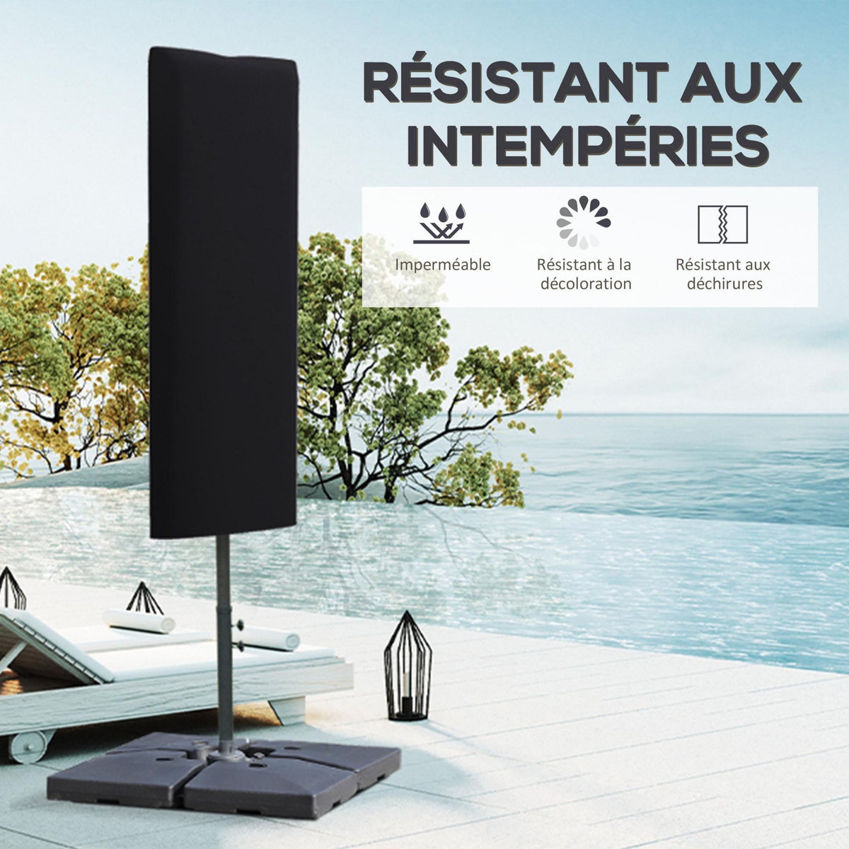 OUTSUNNY Housse de protection imperméable pour parasol droit avec fermeture éclair et cordon de serrage polyester oxford noir