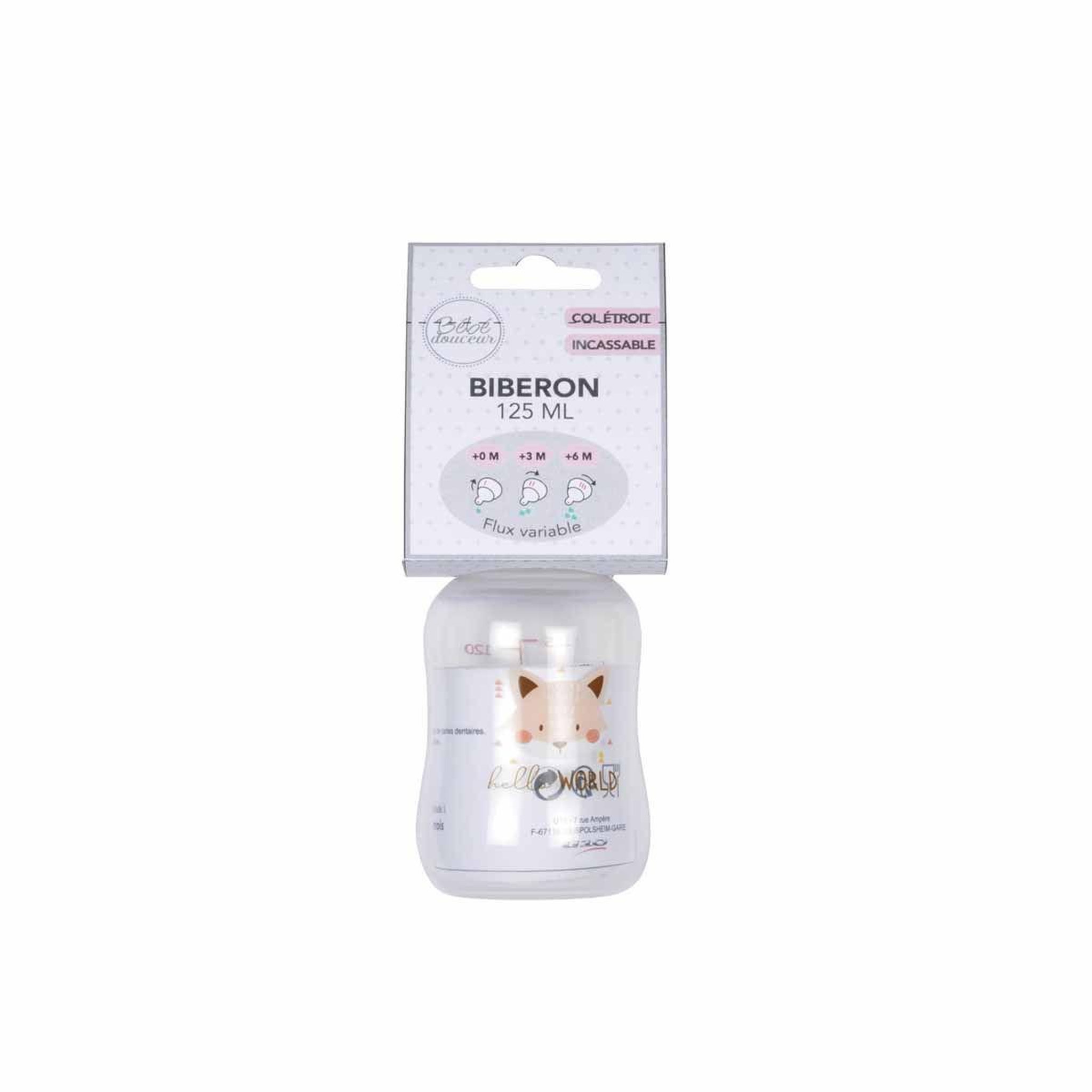 Voir la diapositive 2 : BEBE DOUCEUR Biberon col étroit  renard  125ml beige