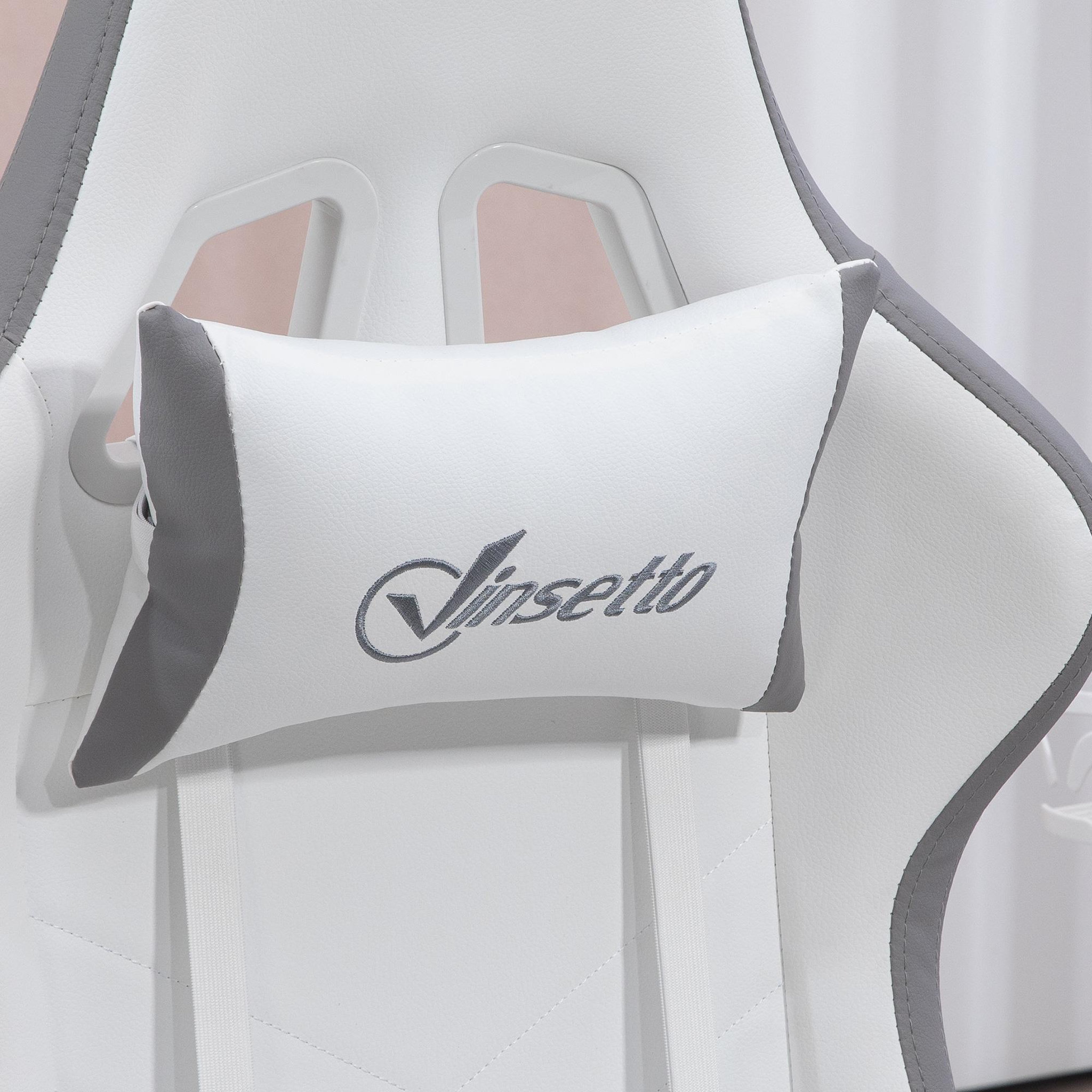 Voir la diapositive 6 : VINSETTO Chaise de bureau gaming - inclinable, pivotant, réglable - coussins lombaires têtière inclus - gris blanc
