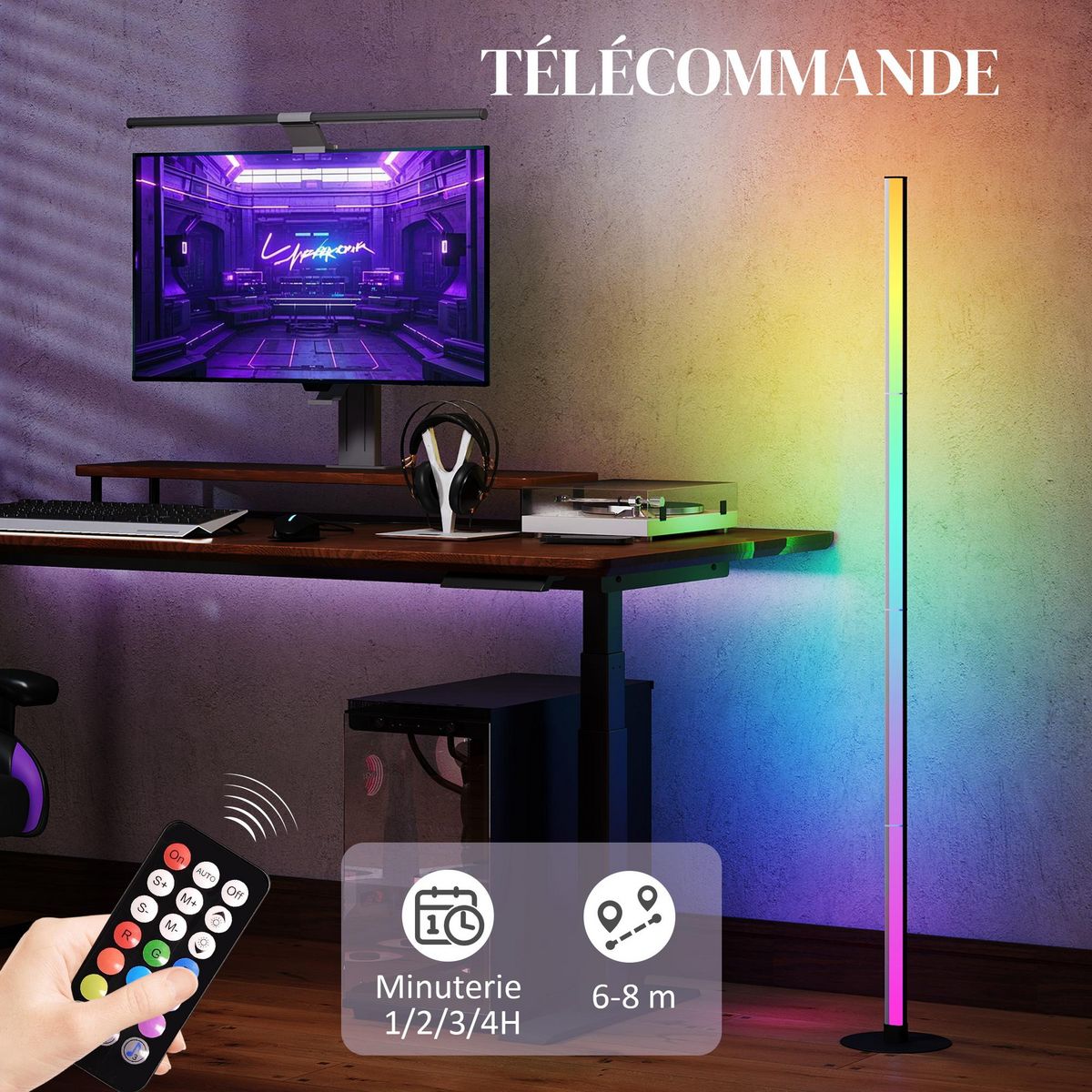 HOMCOM Lampadaire LED RGBIC 16 millions de couleurs avec contrôle APP et télécommande - musique sync, modes de scène et timer