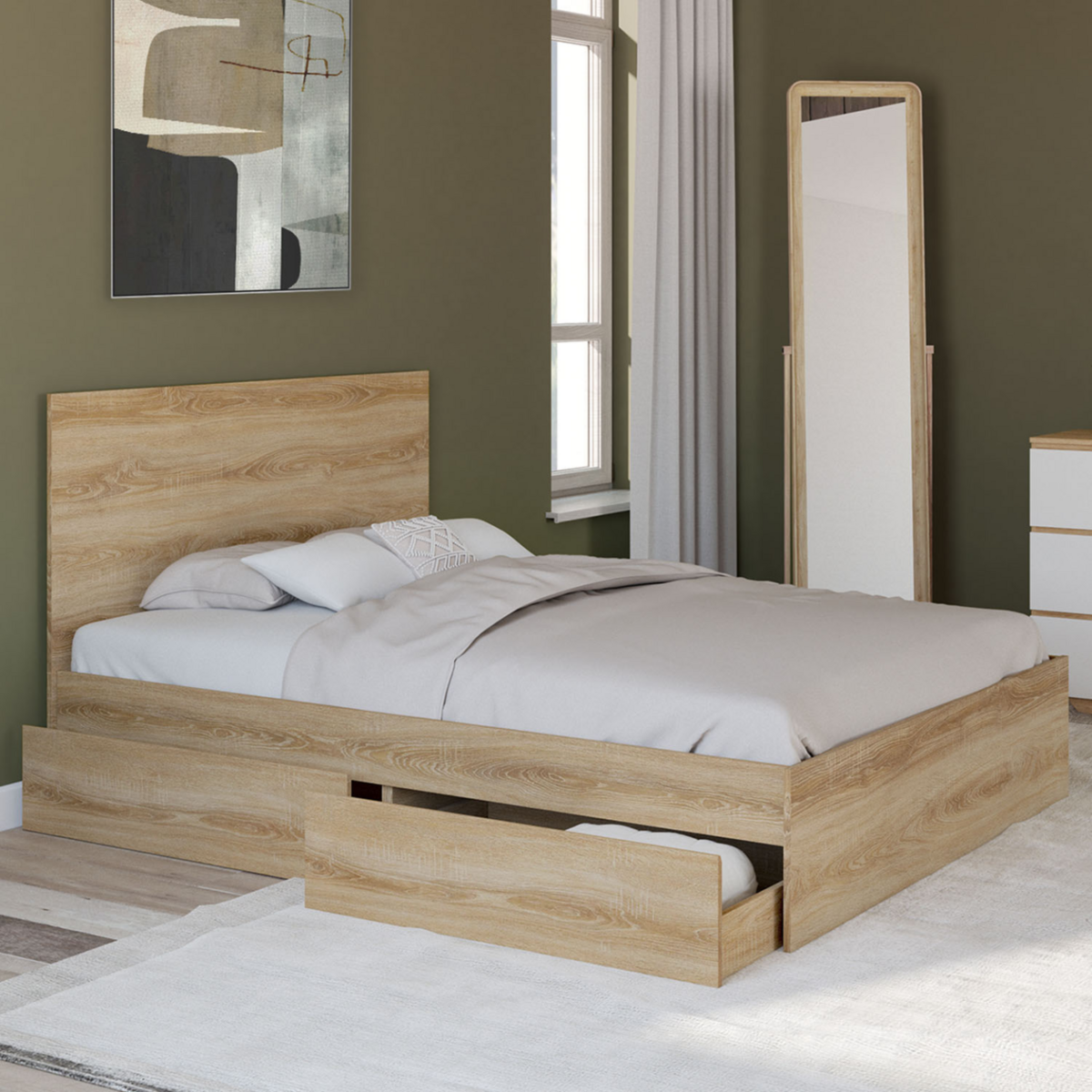 ID MARKET Lit double OMAHA 4 tiroirs sur roulettes avec tête de lit et sommier 140 x 190 cm façon hêtre