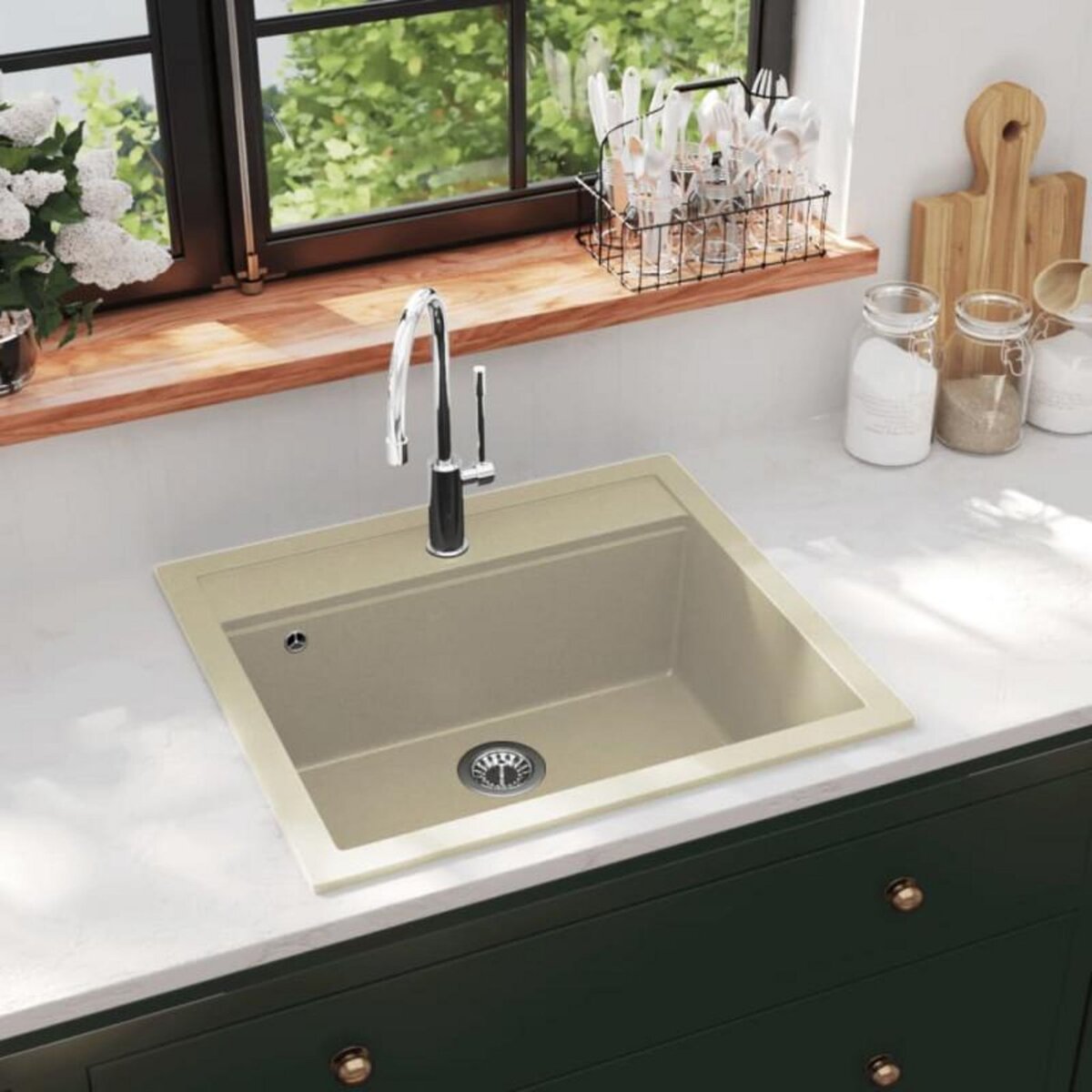 VIDAXL Évier de cuisine Granit Seul lavabo Beige