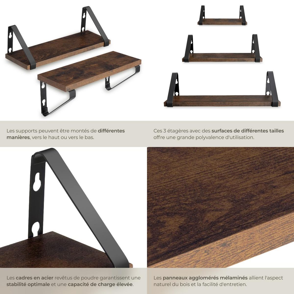 tectake Lot de 3 étagères murales design style industriel Bois foncé industriel, rustique