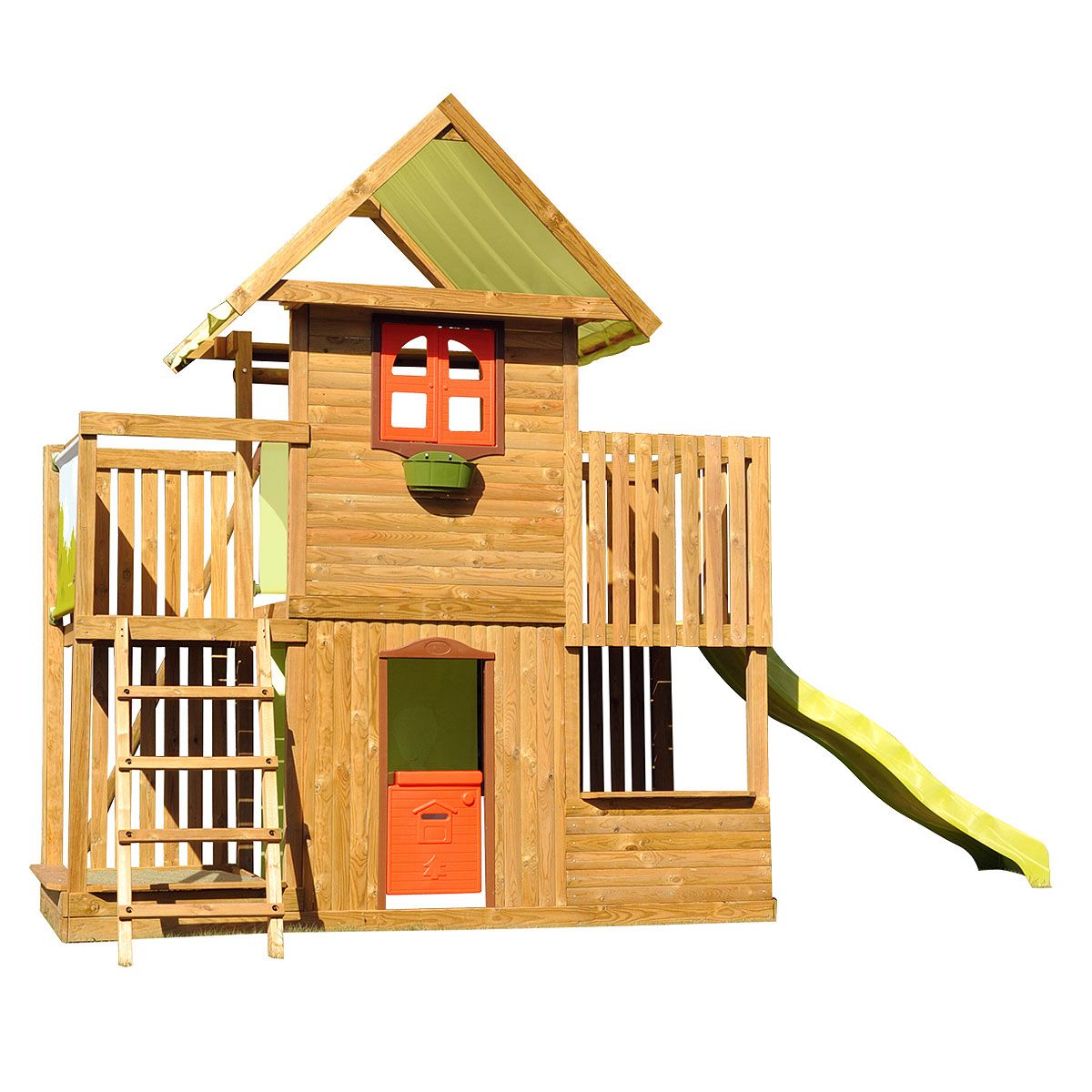 Soulet Portique balançoire bois avec tour et toboggan Le p'tit Chatenay