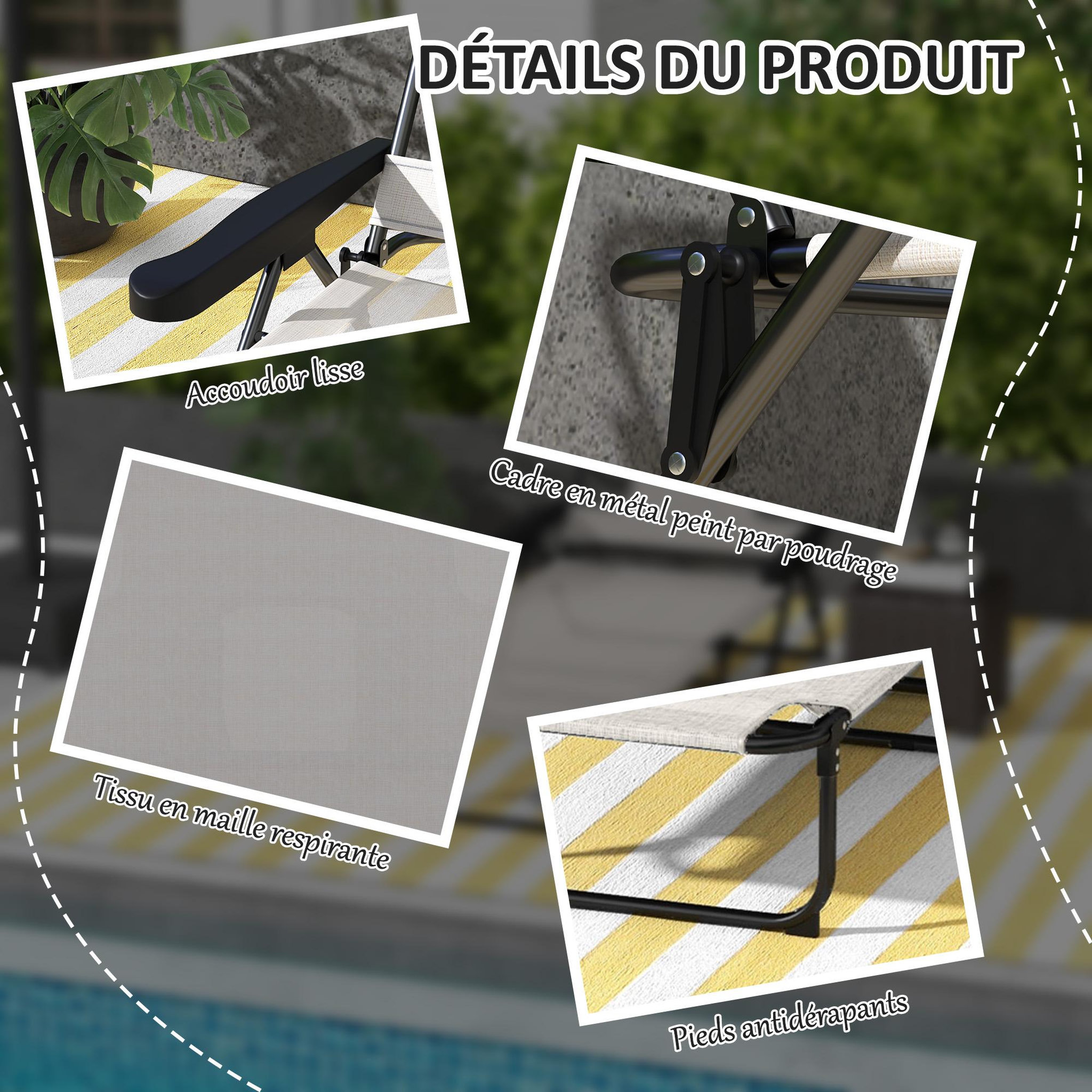 Voir la diapositive 6 : OUTSUNNY Bain de soleil transat pliable inclinable - coussins, espace tête - acier noir polyester crème