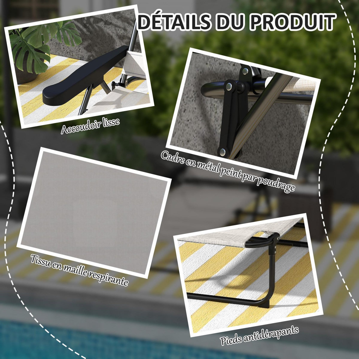 OUTSUNNY Bain de soleil transat pliable inclinable - coussins, espace tête - acier noir polyester crème