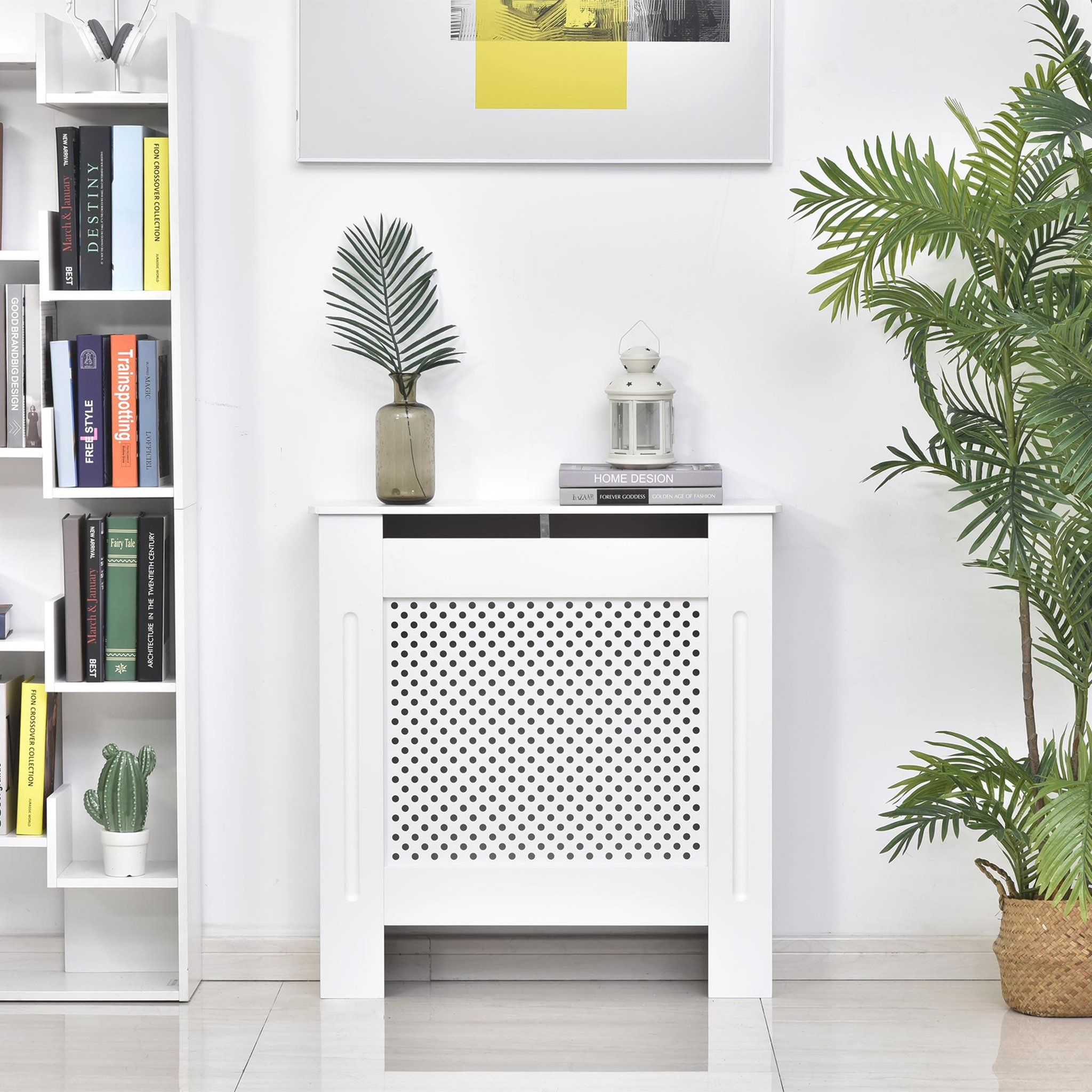 Voir la diapositive 4 : HOMCOM Cache-radiateur design - habillage radiateur motif rond - dim. 78L x 19l x 82H cm - MDF blanc