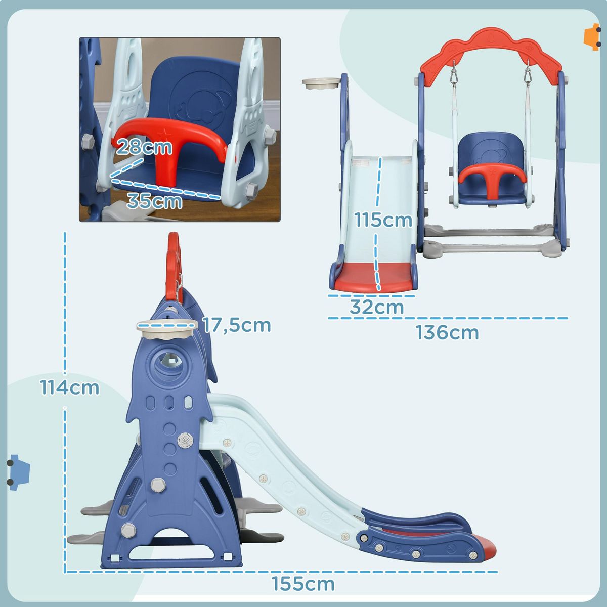 HOMCOM Portique enfant toboggan et balançoire avec panier de basket-ball - aire de jeux 3 en 1 - usage intérieur extérieur - bleu rouge