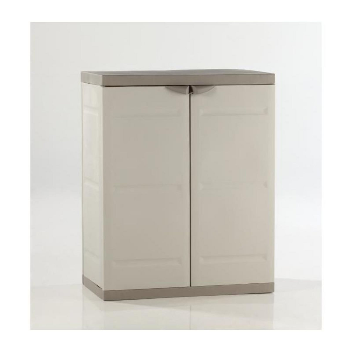 PLASTIKEN TITANIUM PLASTIKEN Armoire basse 2 portes avec etageres l70 x p44 x h88 cm Beige et Taupe Gamme TITANIUM Interieur/Exterieur
