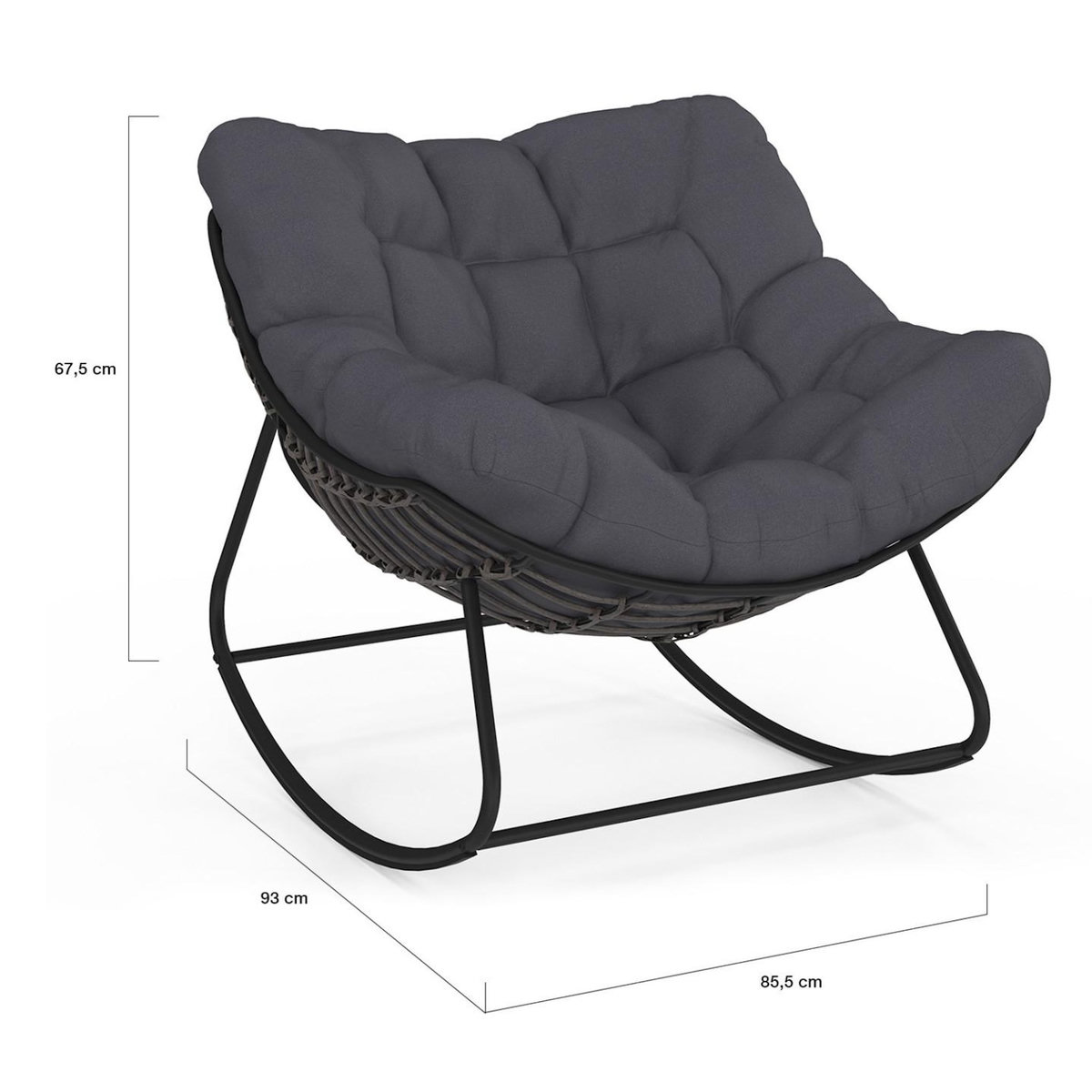 ID MARKET Fauteuil de jardin à bascule LOA effet rotin gris avec coussin gris