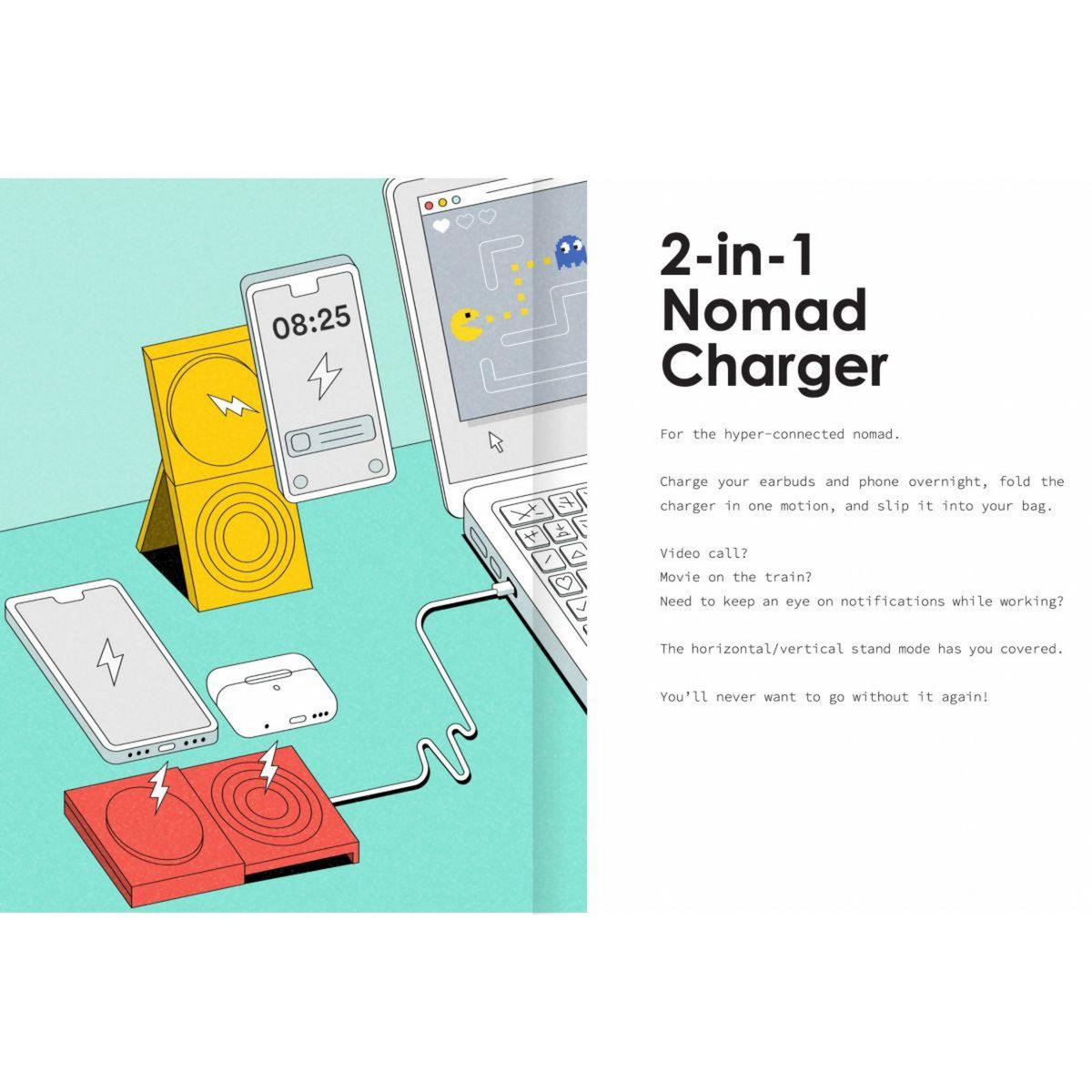 CASYX Chargeur sans fil 2en1 fast charge Qi2 USB C noir