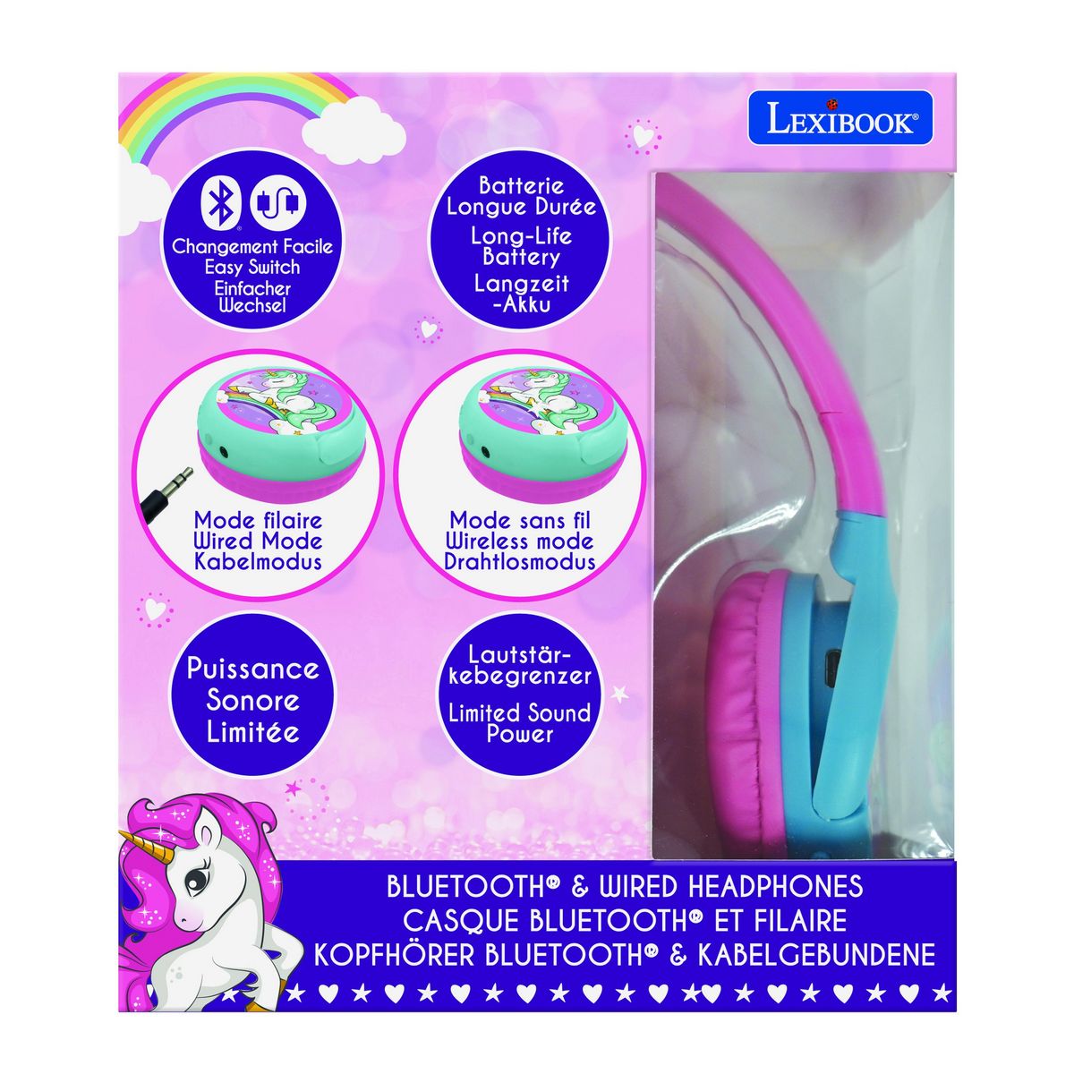 Lexibook Casque 2 en 1 Licorne Bluetooth et Filaire avec limitation de son