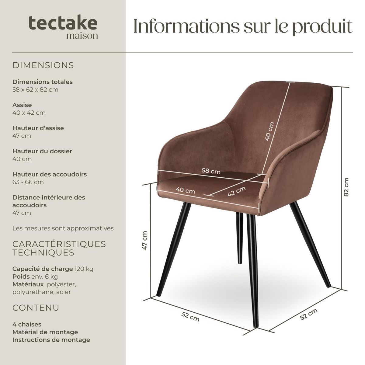 tectake Chaise style scandinave rembourrée aspect velours brun-noir Lot de 4