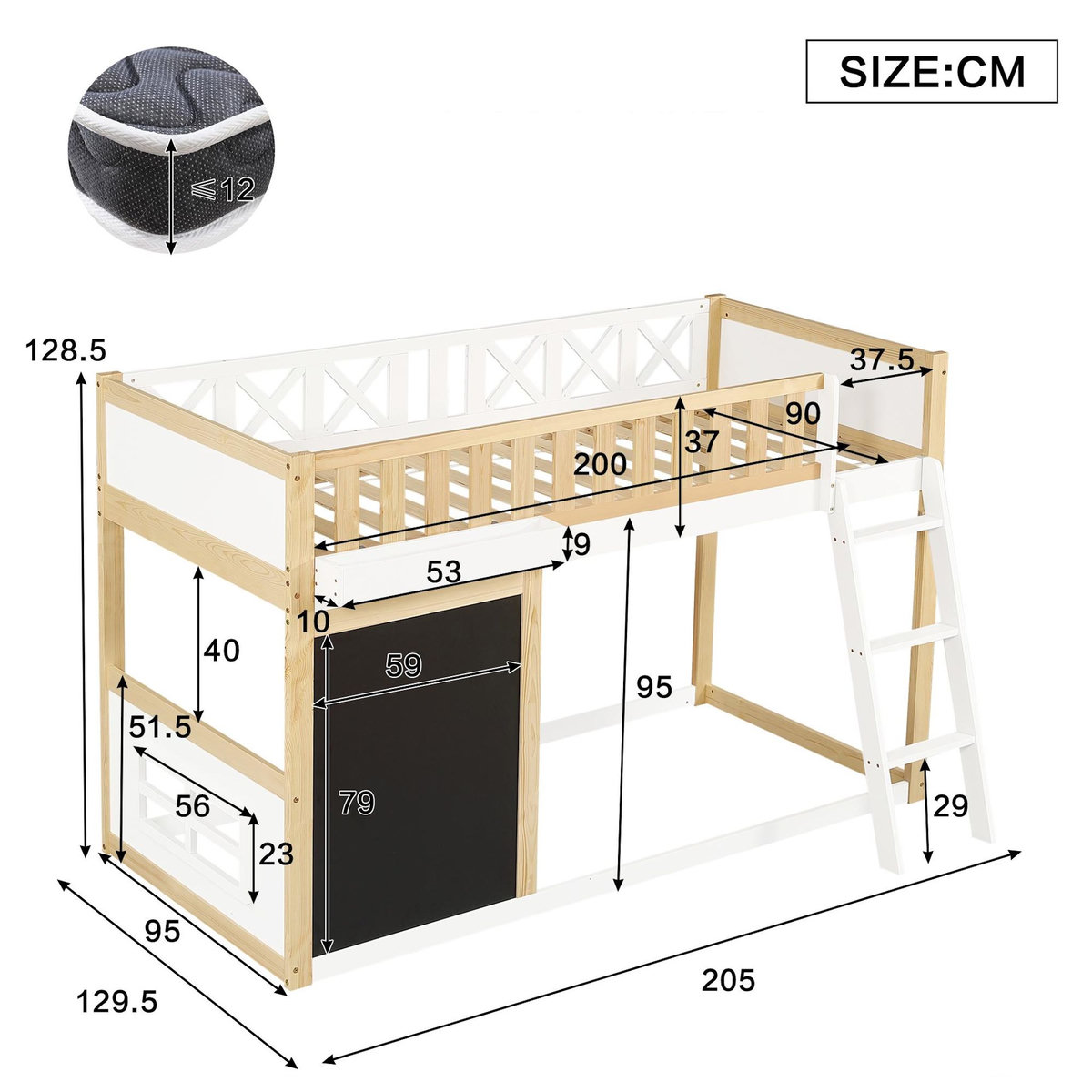 MERAX Lit superposé 90x200 cm coloris naturel+blanc pin
