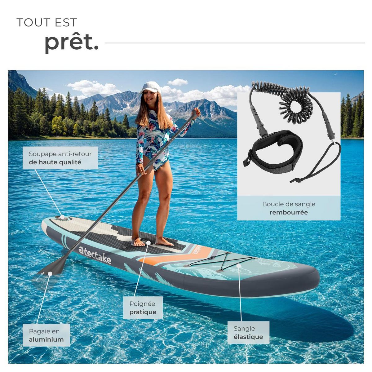 tectake Planche de stand-up paddle 2-en-1 en matériau Drop-Stitch turquoise/orange