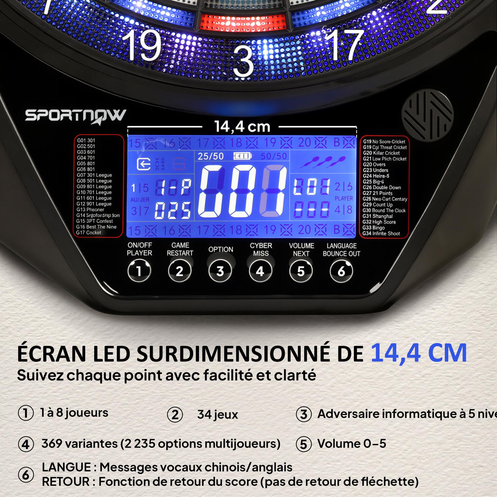 Voir la diapositive 4 : HOMCOM Cible jeu de fléchettes électronique 34 jeux jusqu'à 8 joueurs grand écran LED charge USB-C