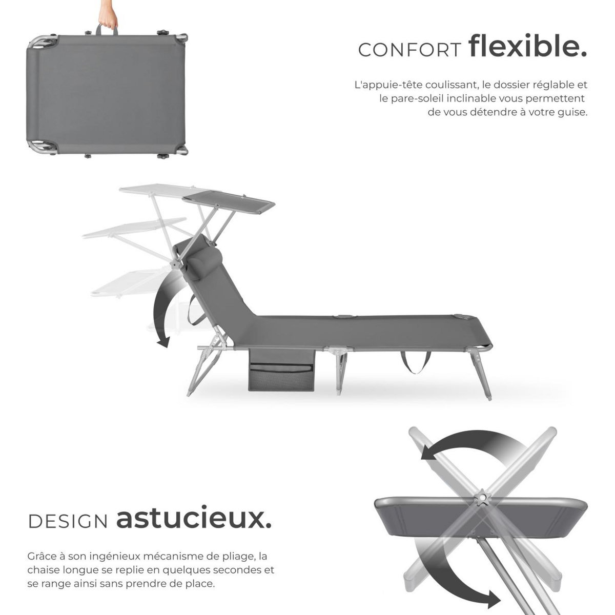 tectake Bain de soleil pliable gris