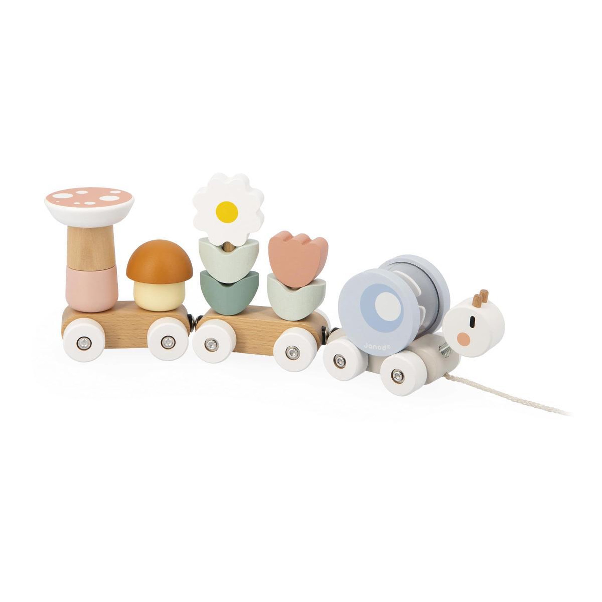 Juratoys-Janod Petit train escargot à tirer - formes à empiler et hochet amovible