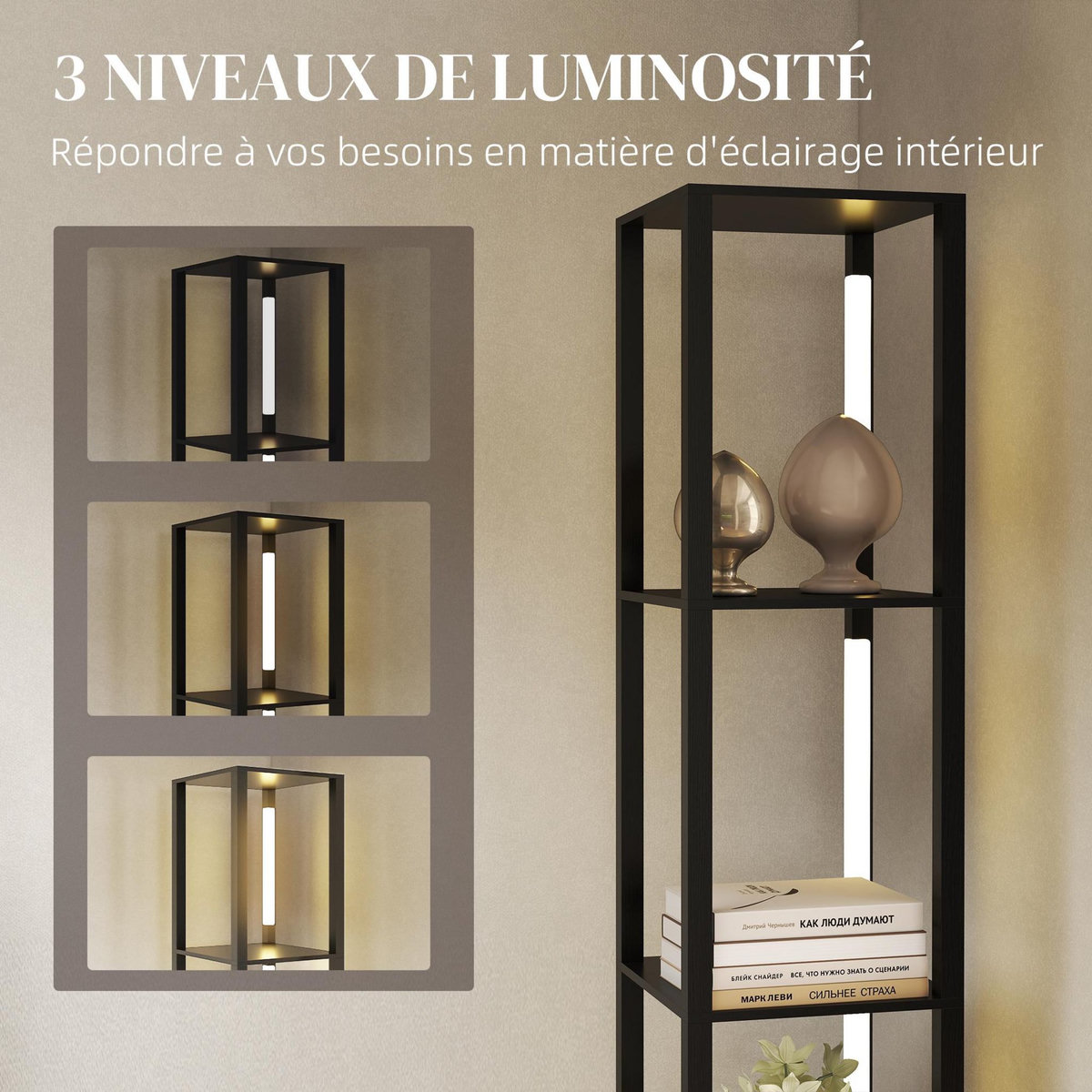 HOMCOM Lampadaire étagères design LED H.163 cm 4 niveaux luminosité réglable MDF noir