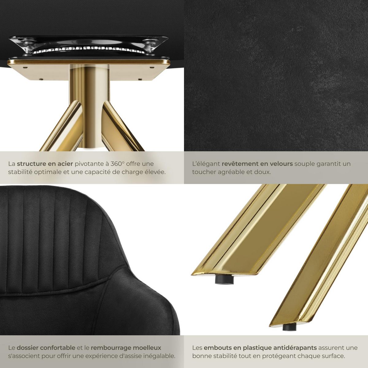 tectake Chaise pivotante en velours rembourrée noir/or Lot de 2