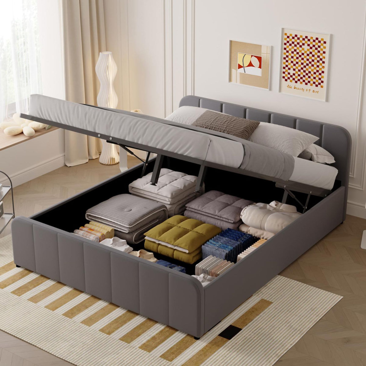 CONCEPT USINE Lit avec coffre de rangement 140x190cm en velours gris TAMPA