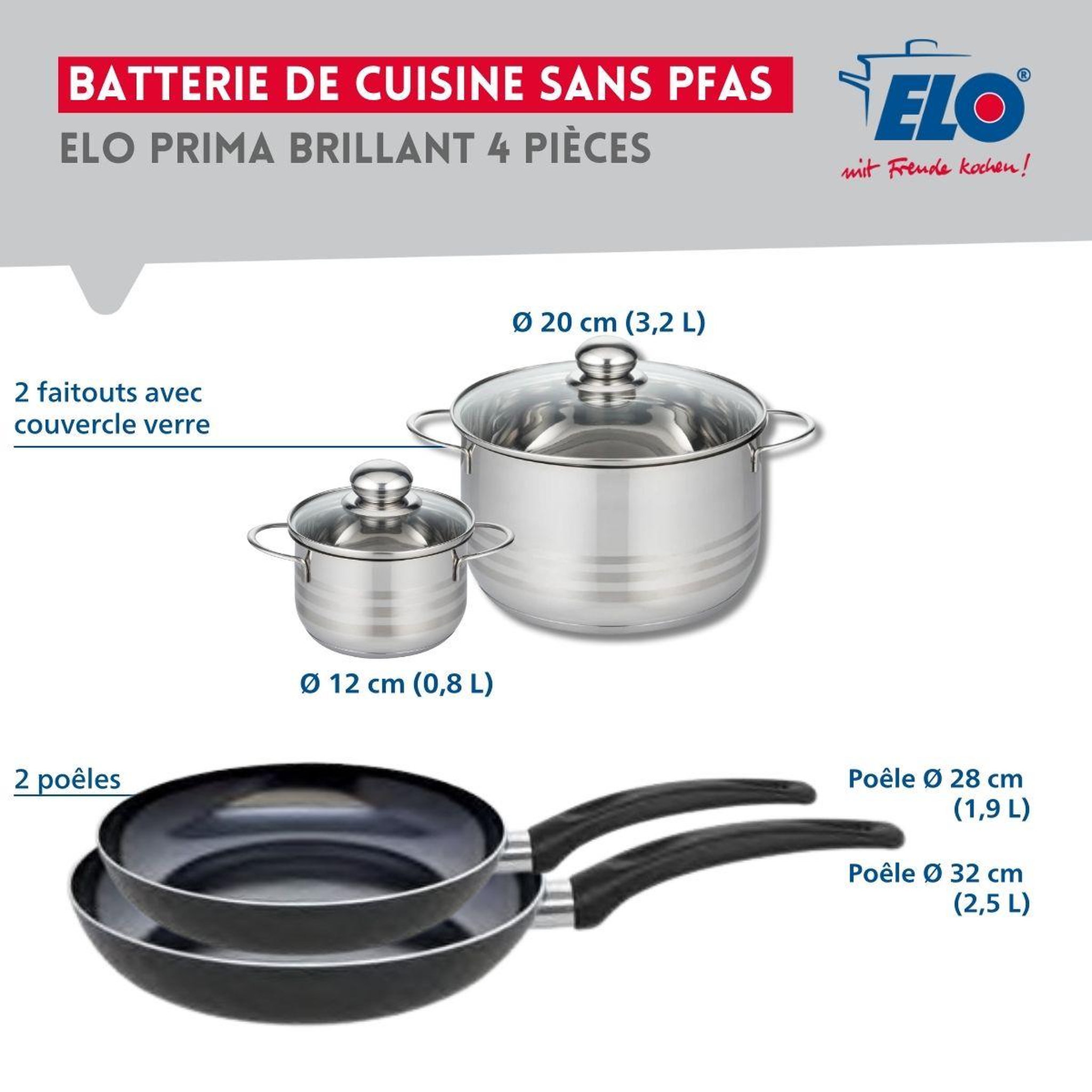 Voir la diapositive 2 : ELO Ensemble de 2 poêles de cuisson 28 et 32 cm et 2 faitouts 12 et 20 cm elo prima brillant